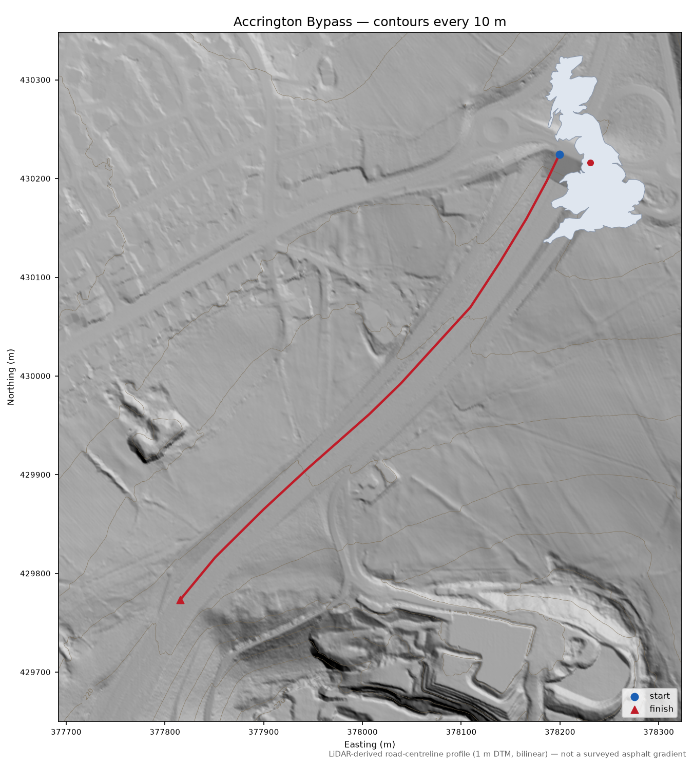 Accrington Bypass LiDAR hillshade map with contours