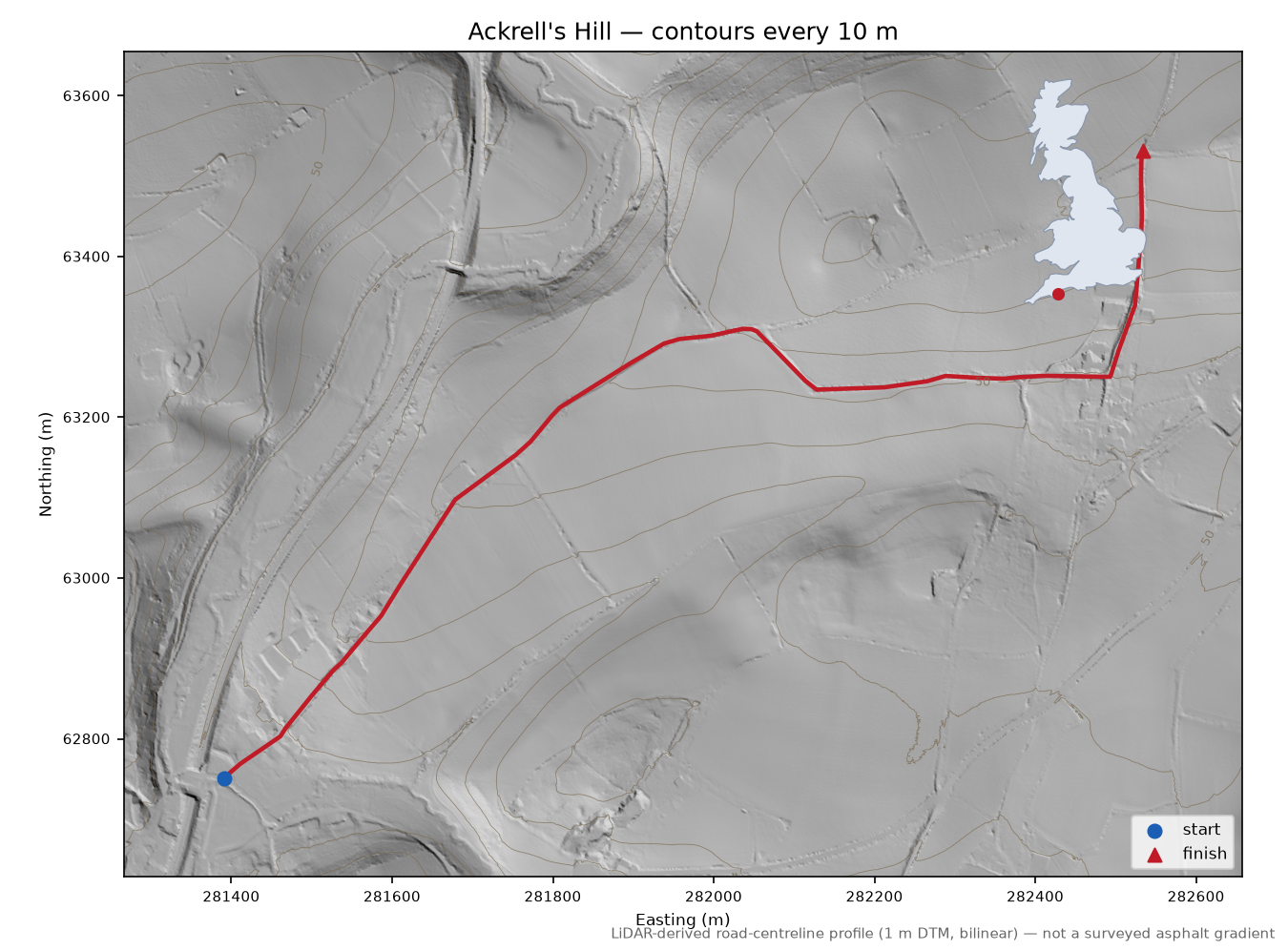 Ackrell's Hill LiDAR hillshade map with contours