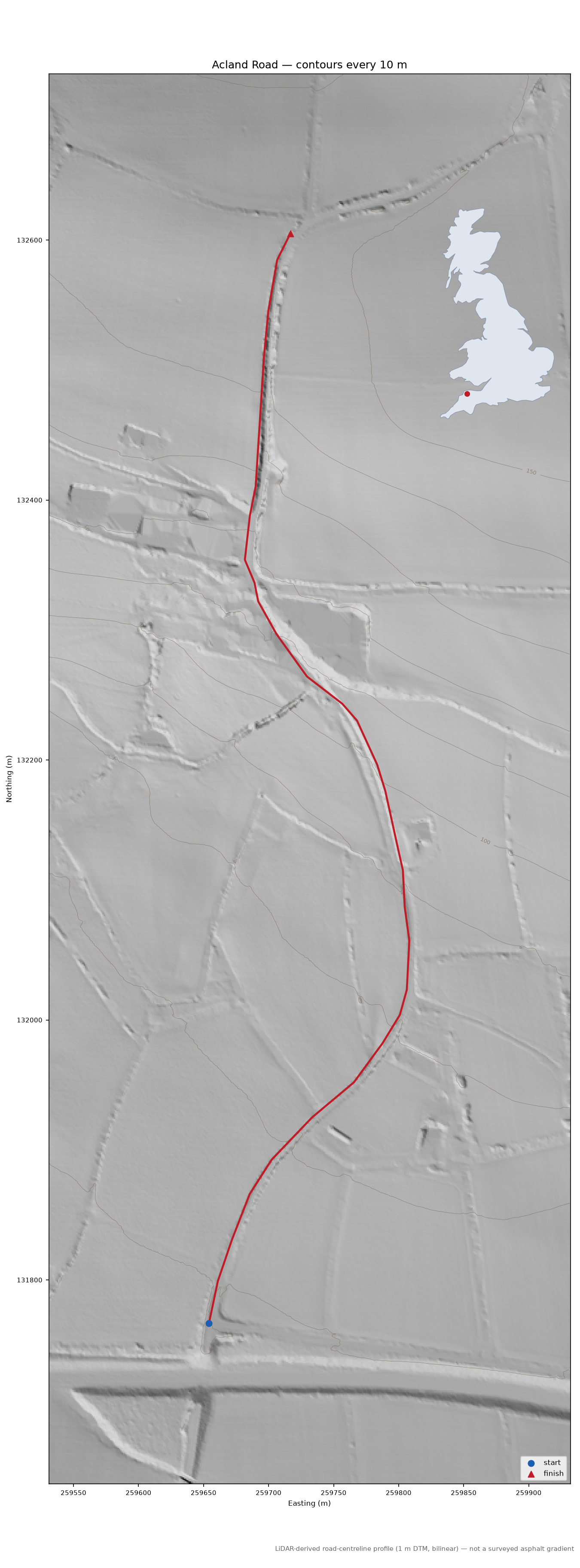 Acland Road LiDAR hillshade map with contours