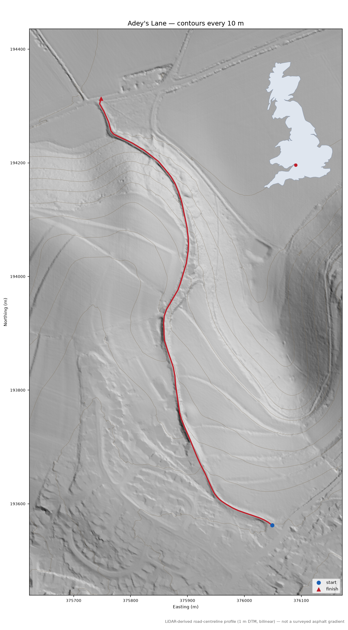 Adey's Lane LiDAR hillshade map with contours