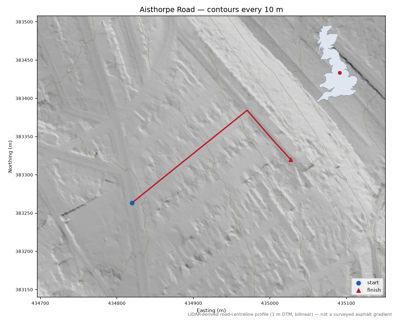 Aisthorpe Road LiDAR hillshade map with contours