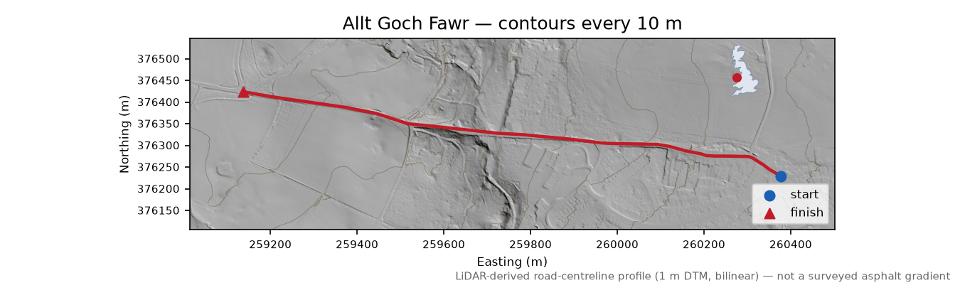 Allt Goch Fawr LiDAR hillshade map with contours