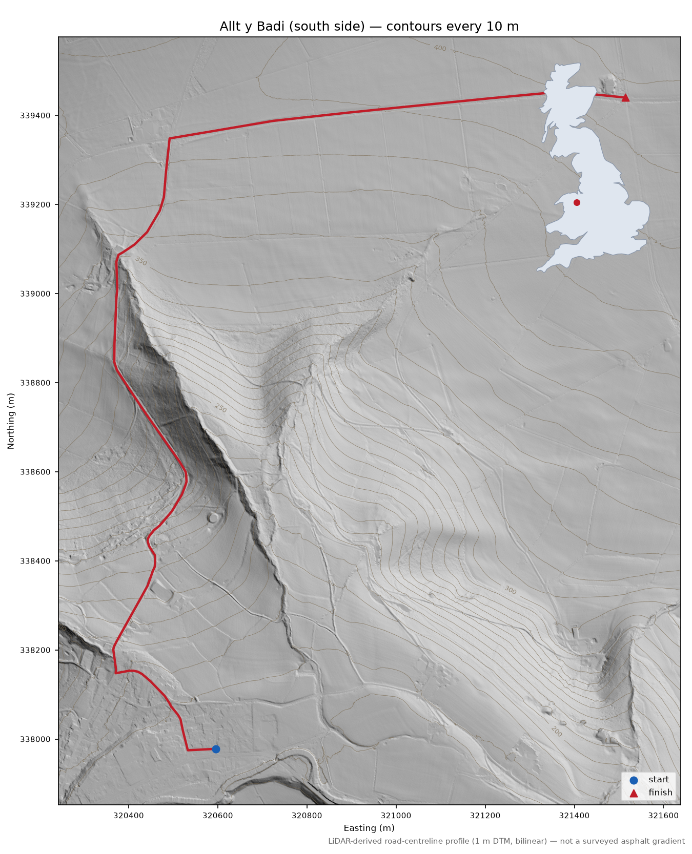 Allt y Badi (south side) LiDAR hillshade map with contours