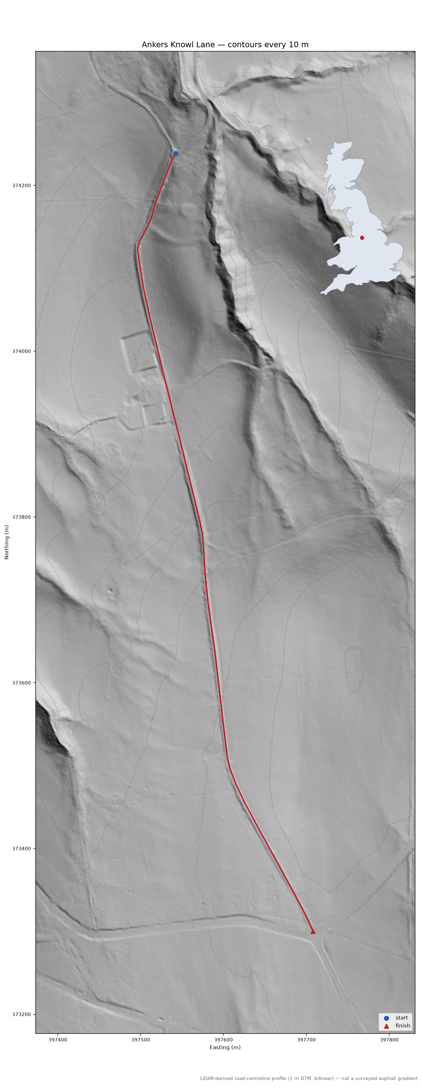 Ankers Knowl Lane LiDAR hillshade map with contours