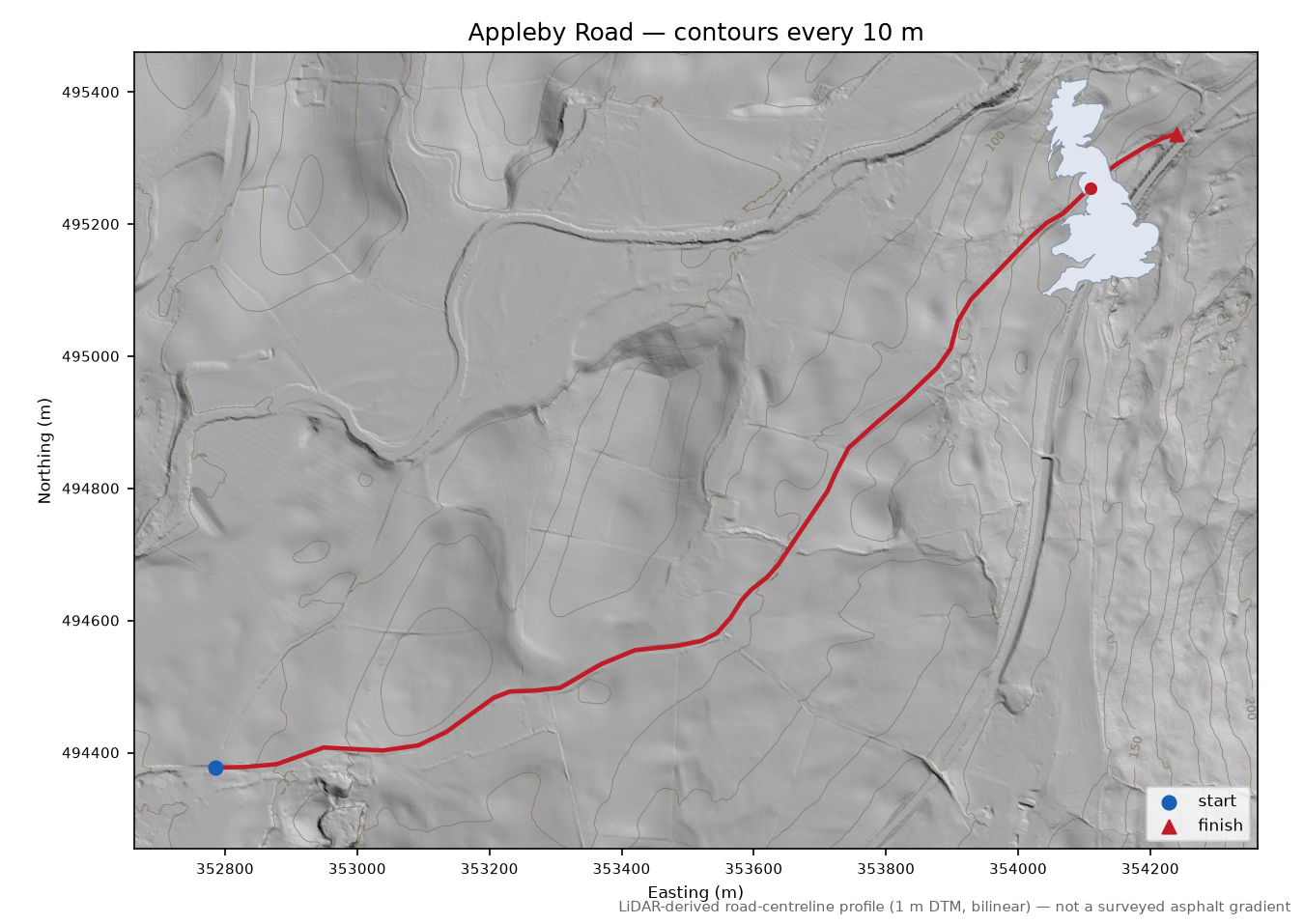 Appleby Road LiDAR hillshade map with contours