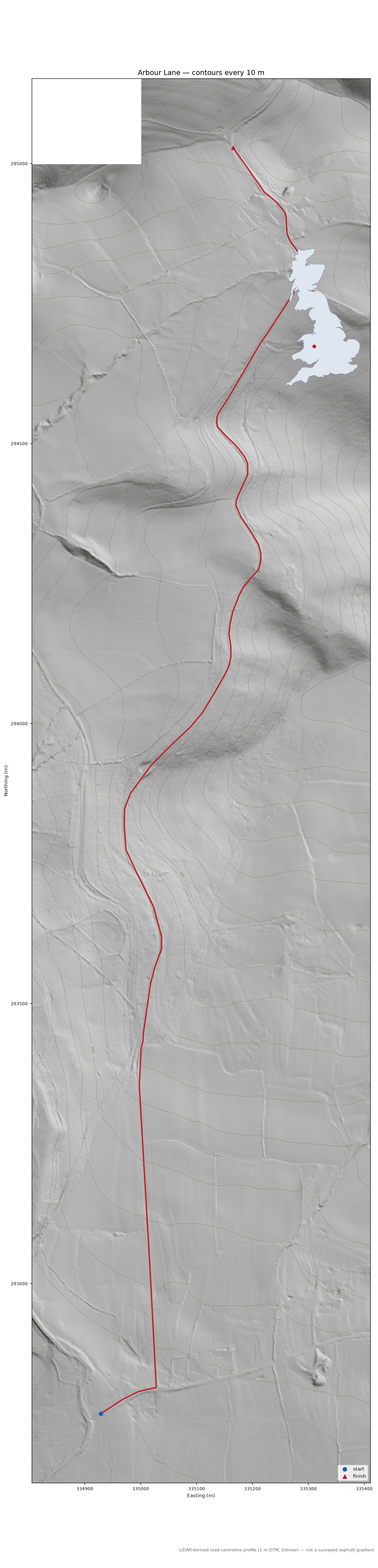 Arbour Lane LiDAR hillshade map with contours