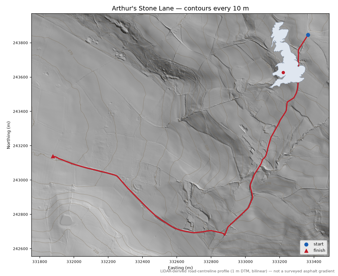 Arthur's Stone Lane LiDAR hillshade map with contours