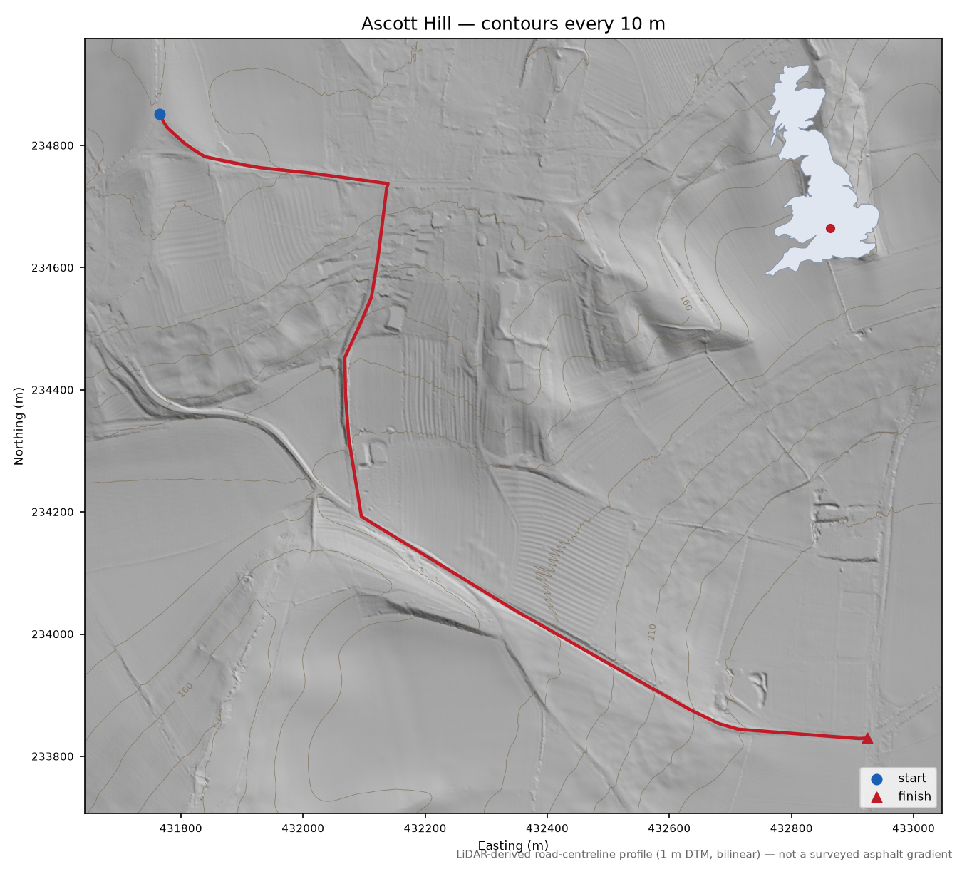 Ascott Hill LiDAR hillshade map with contours