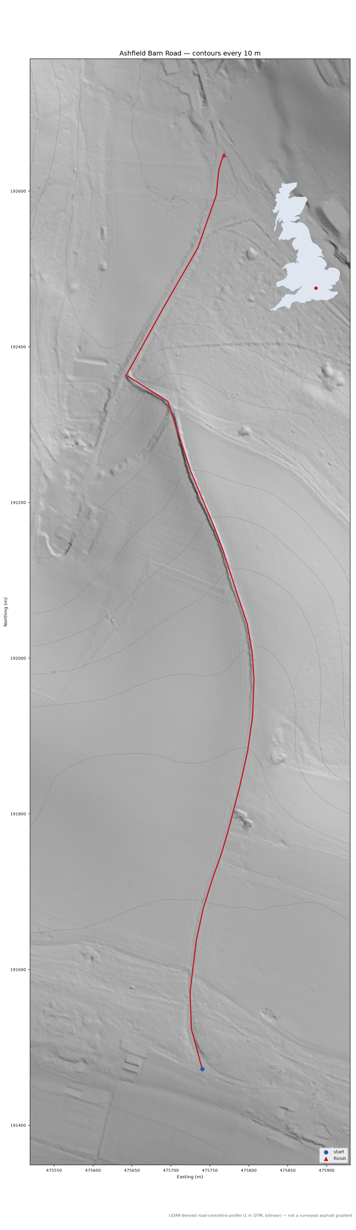 Ashfield Barn Road LiDAR hillshade map with contours