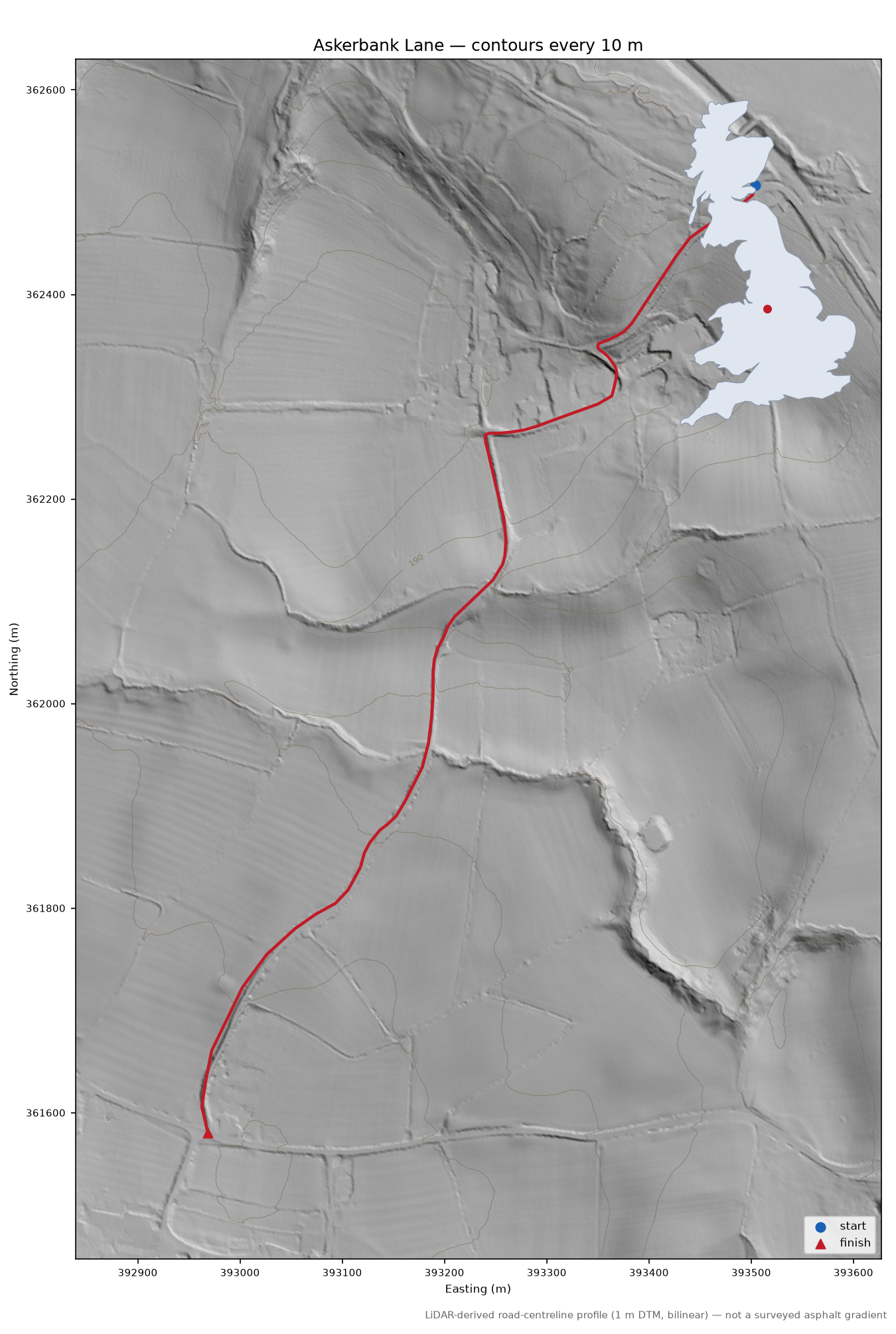 Askerbank Lane LiDAR hillshade map with contours