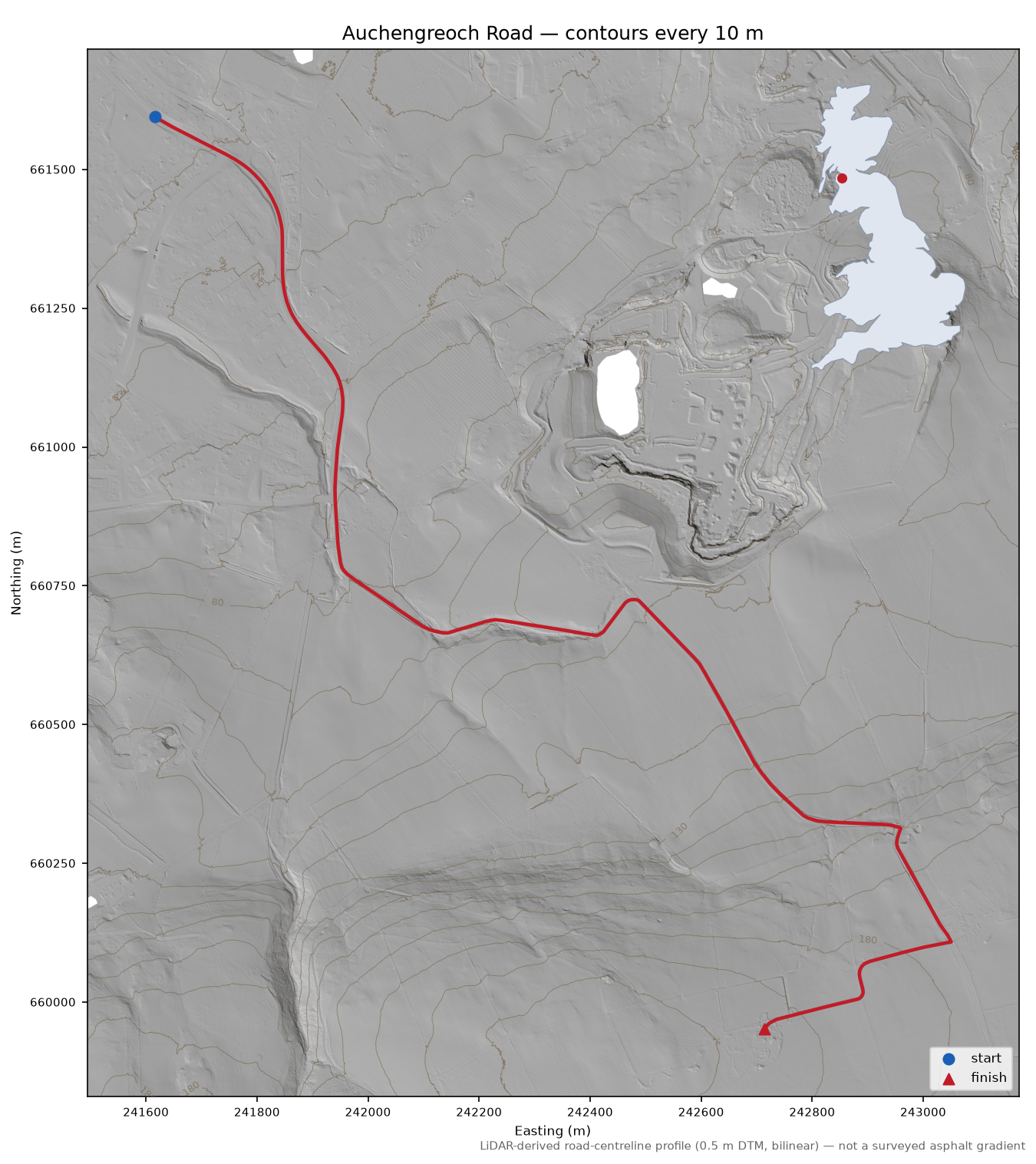 Auchengreoch Road LiDAR hillshade map with contours