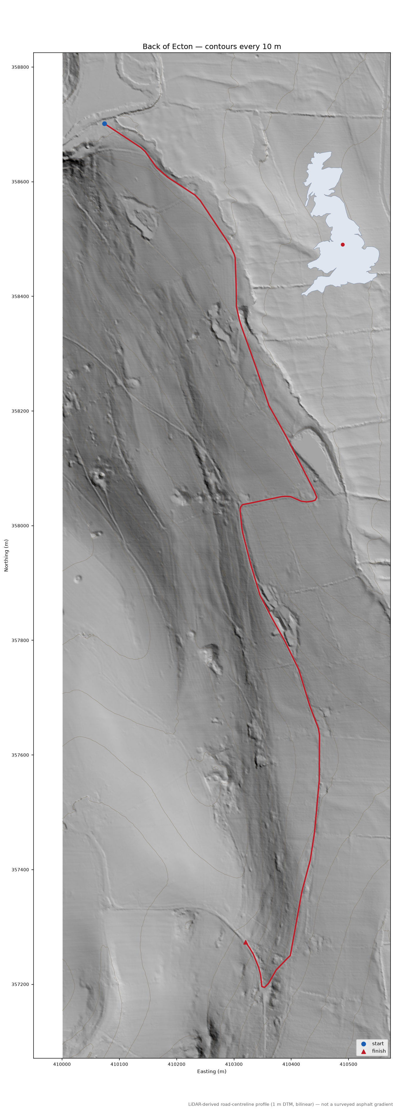 Back of Ecton LiDAR hillshade map with contours