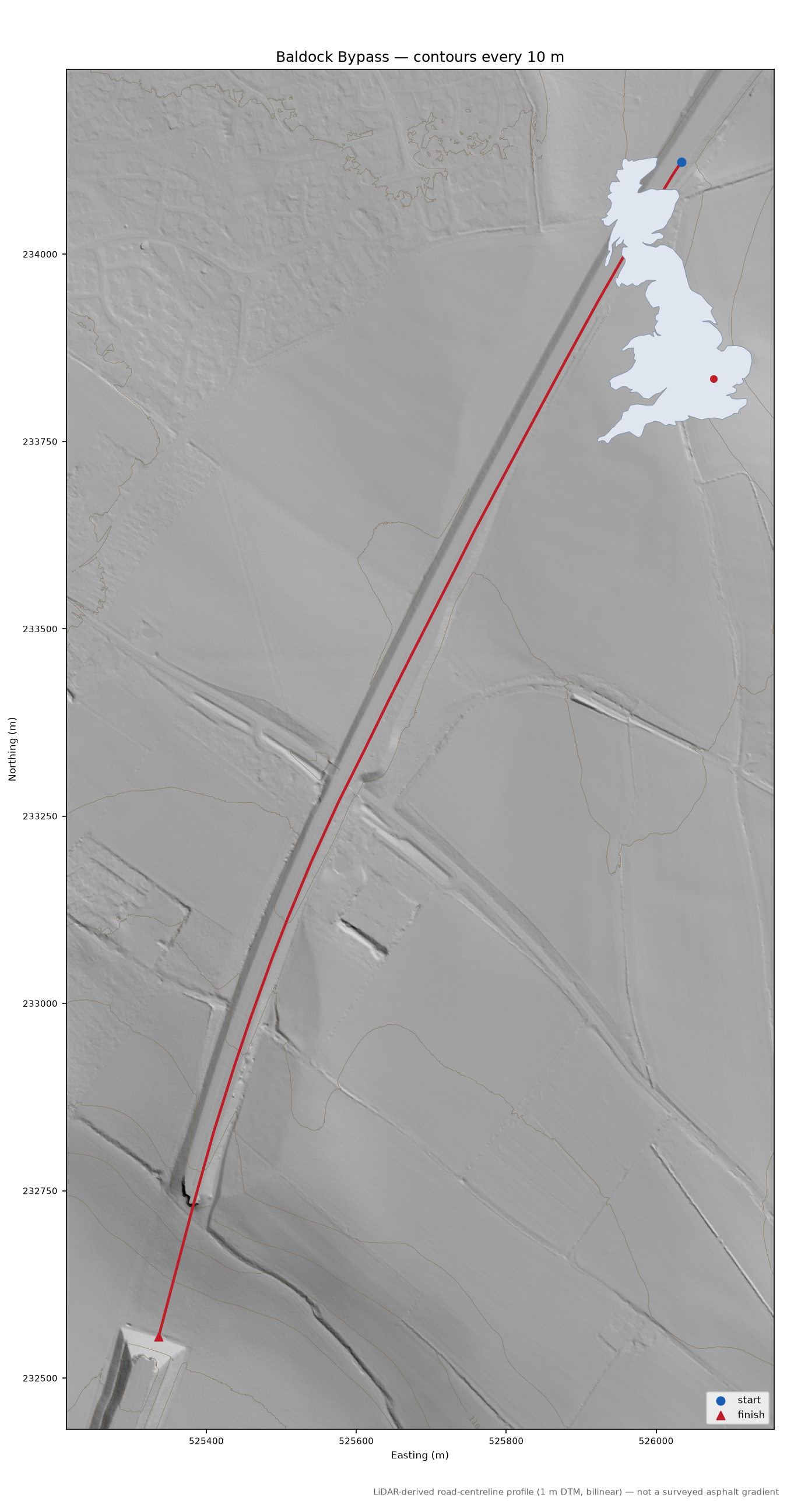 Baldock Bypass LiDAR hillshade map with contours