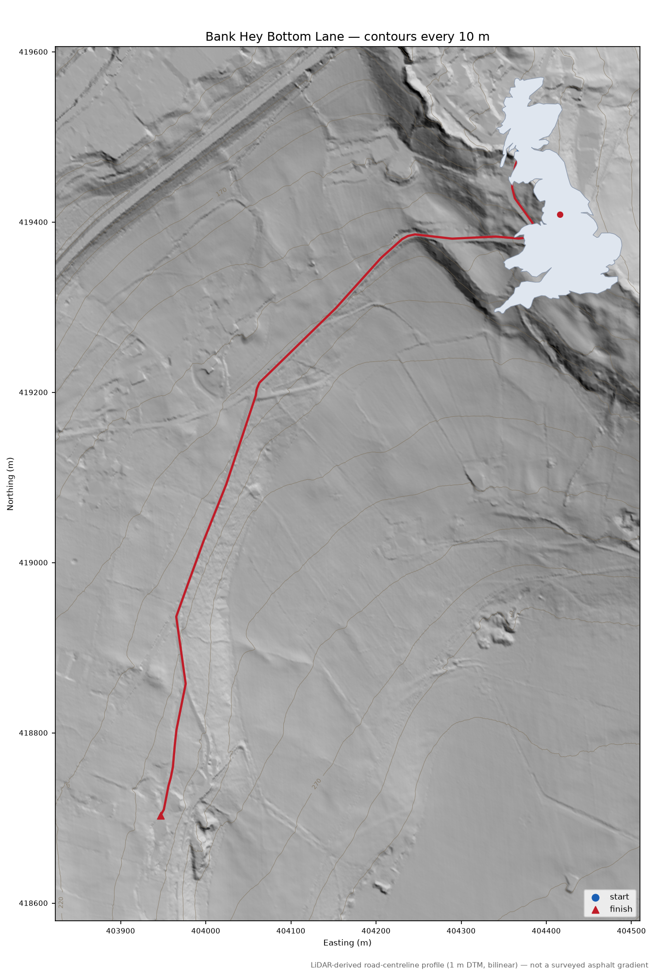 Bank Hey Bottom Lane LiDAR hillshade map with contours