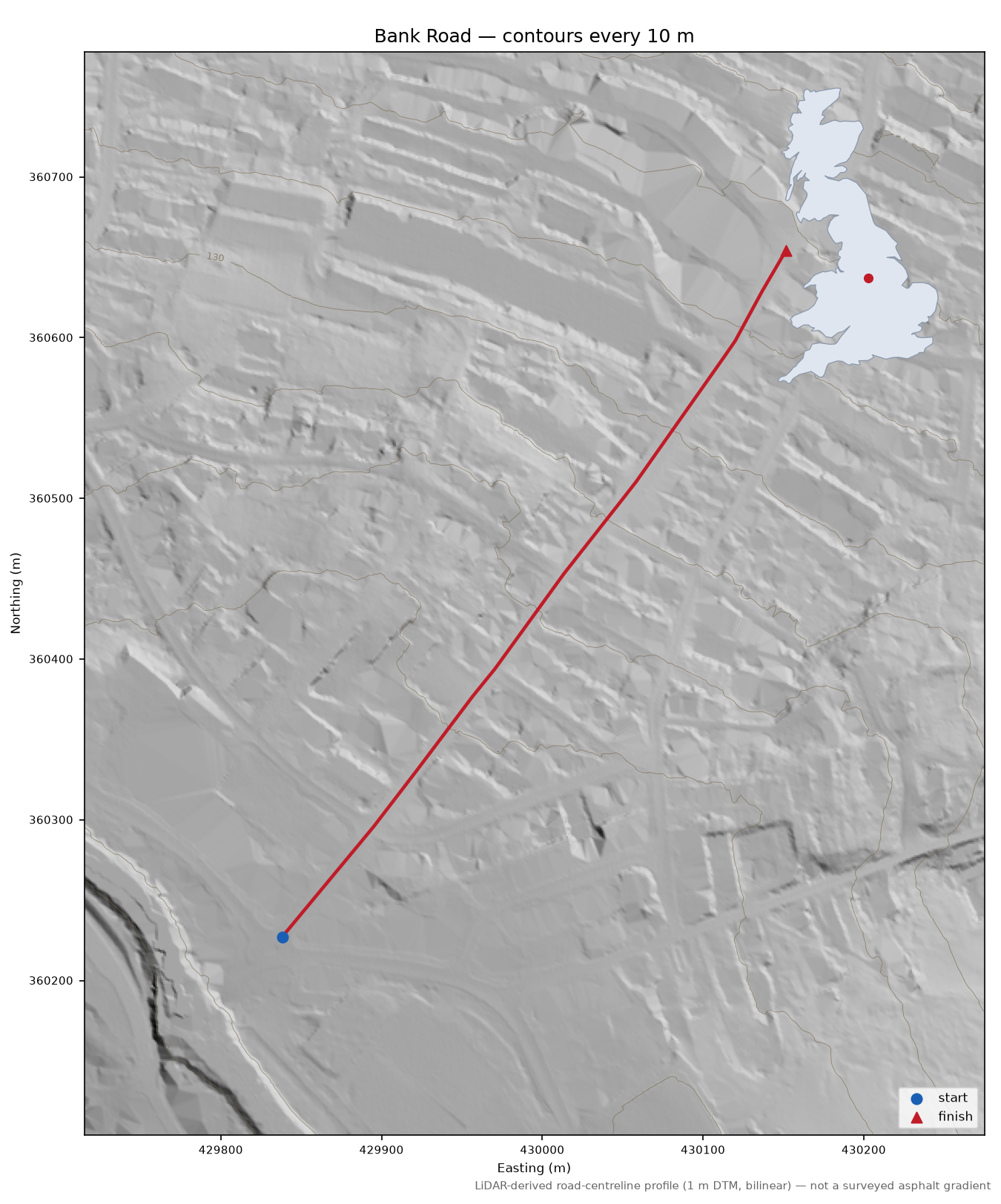 Bank Road LiDAR hillshade map with contours