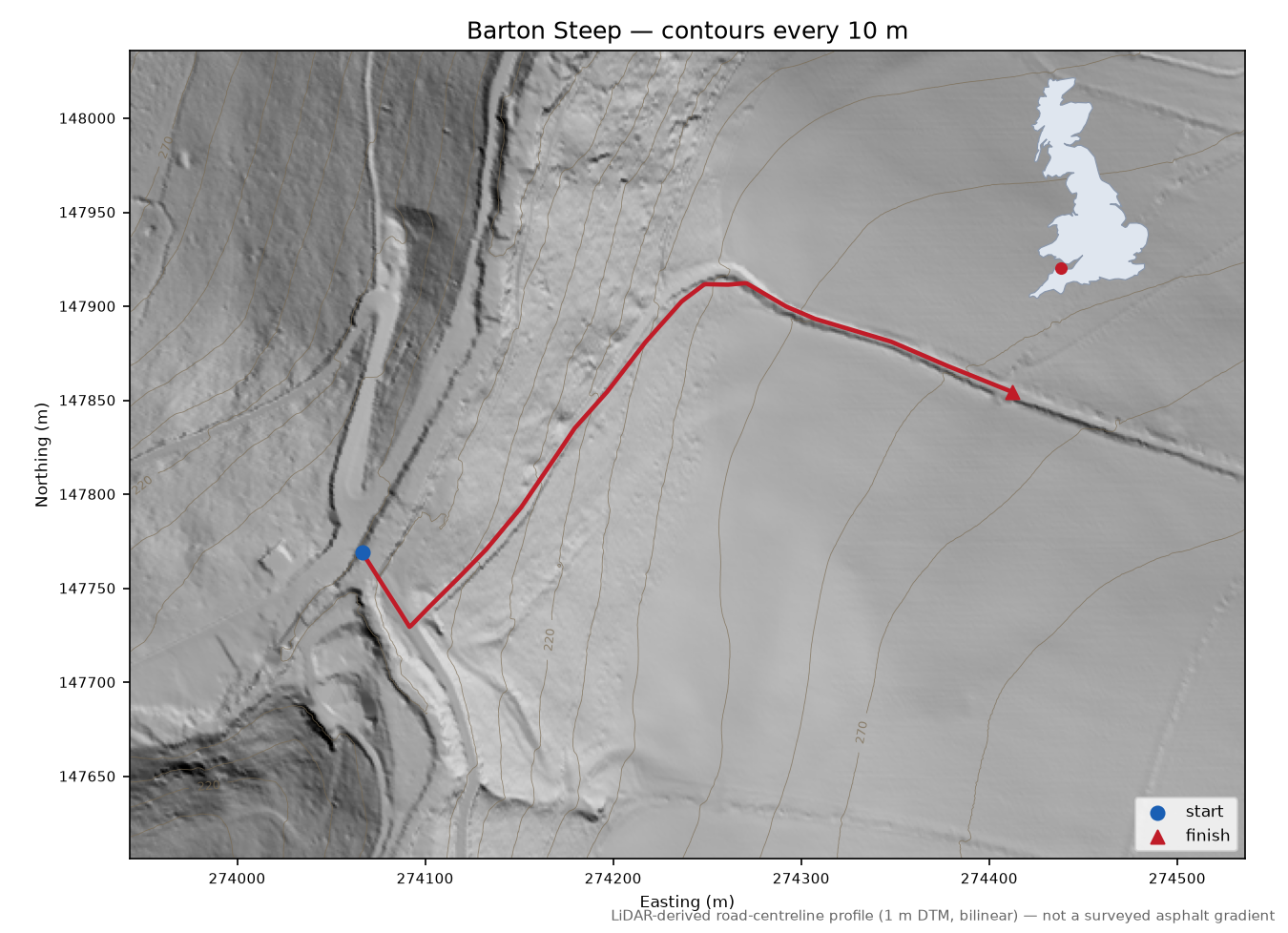 Barton Steep LiDAR hillshade map with contours