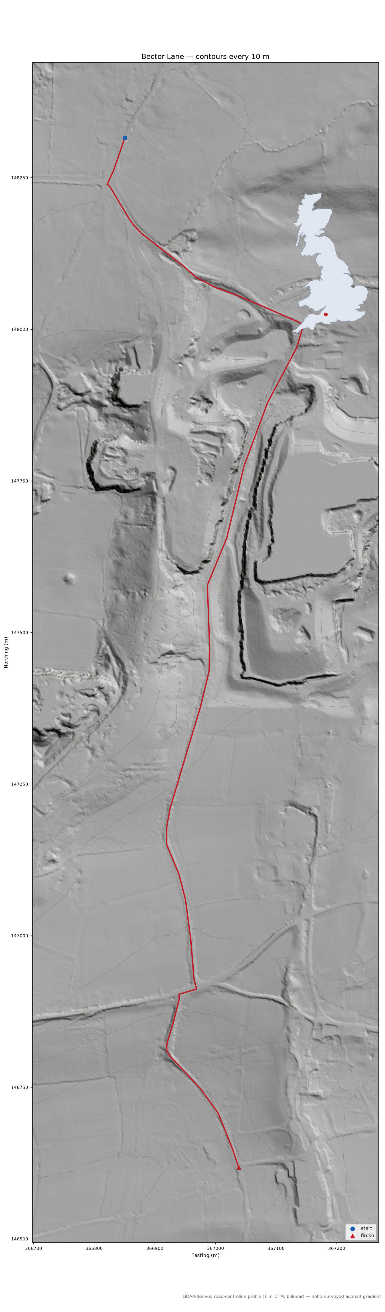 Bector Lane LiDAR hillshade map with contours