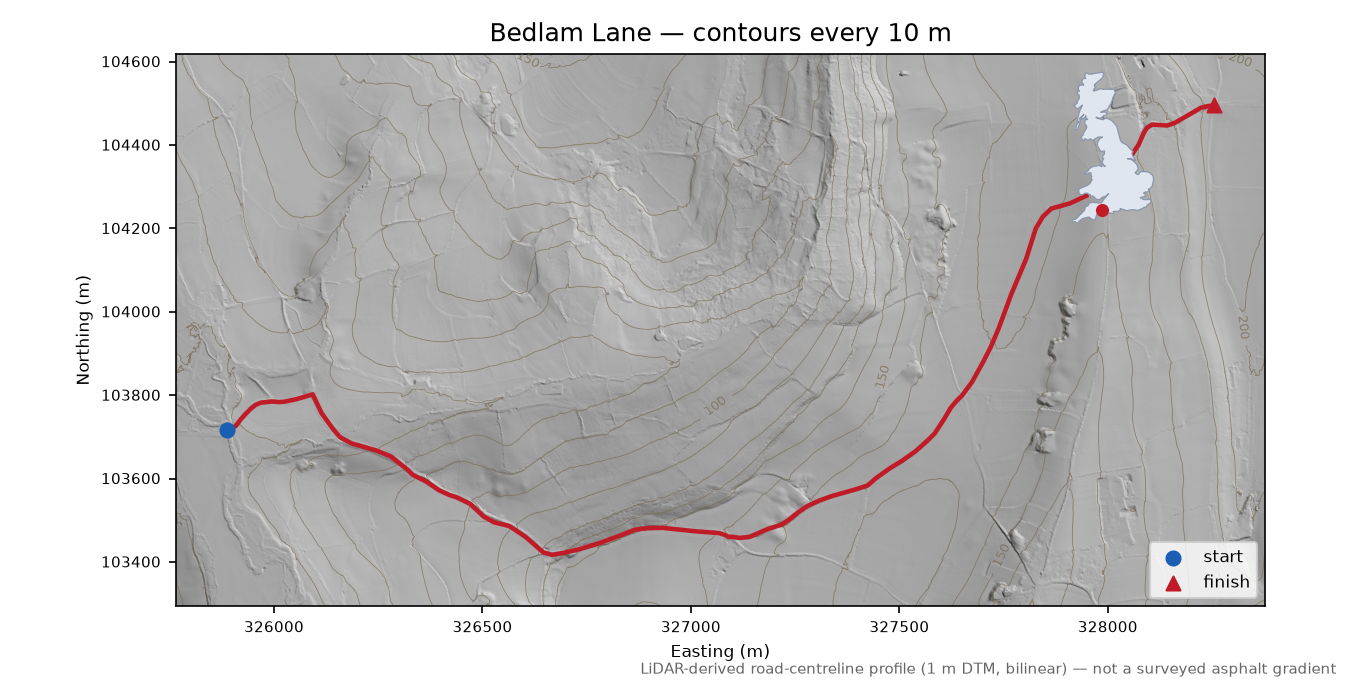 Bedlam Lane LiDAR hillshade map with contours