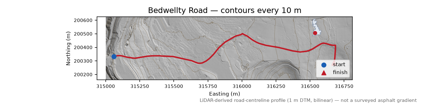 Bedwellty Road LiDAR hillshade map with contours