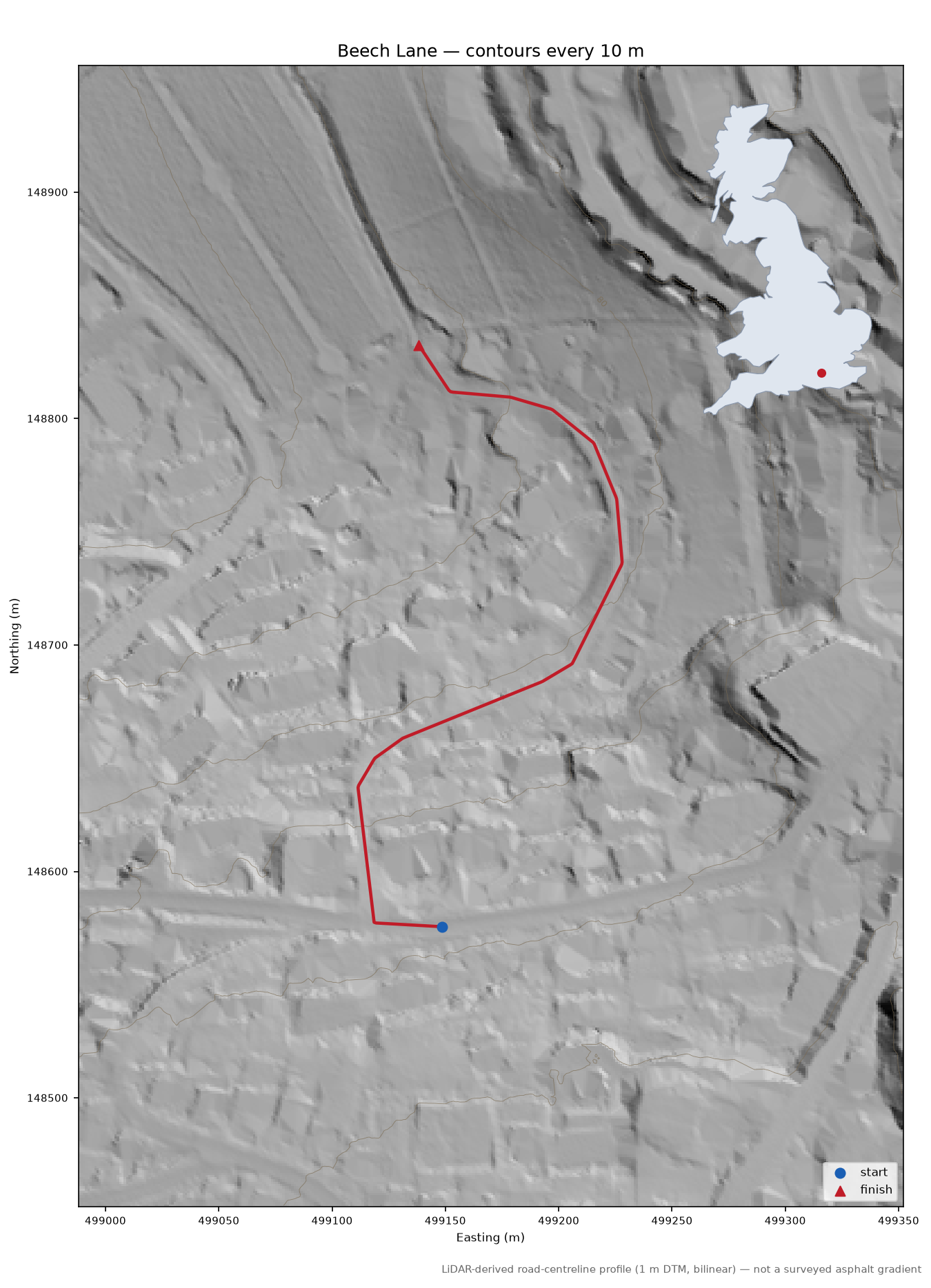 Beech Lane LiDAR hillshade map with contours