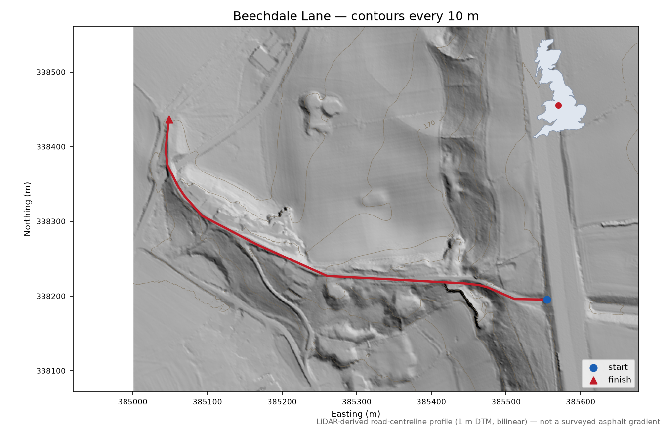 Beechdale Lane LiDAR hillshade map with contours