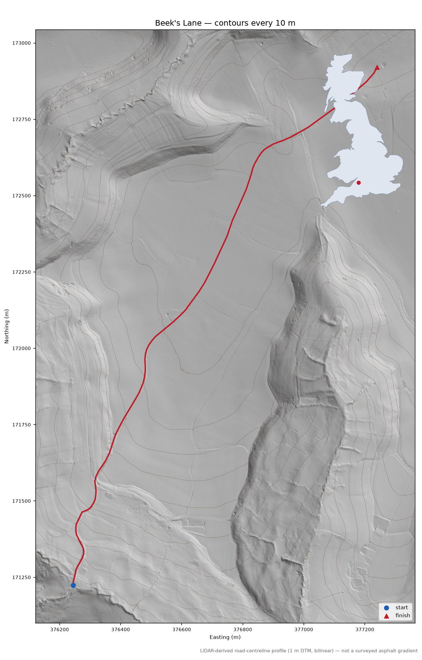Beek's Lane LiDAR hillshade map with contours