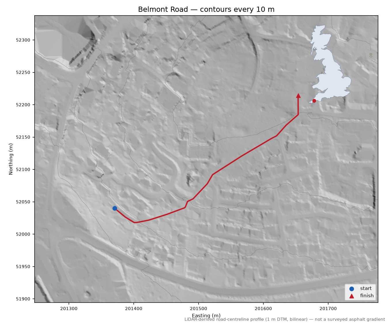 Belmont Road LiDAR hillshade map with contours