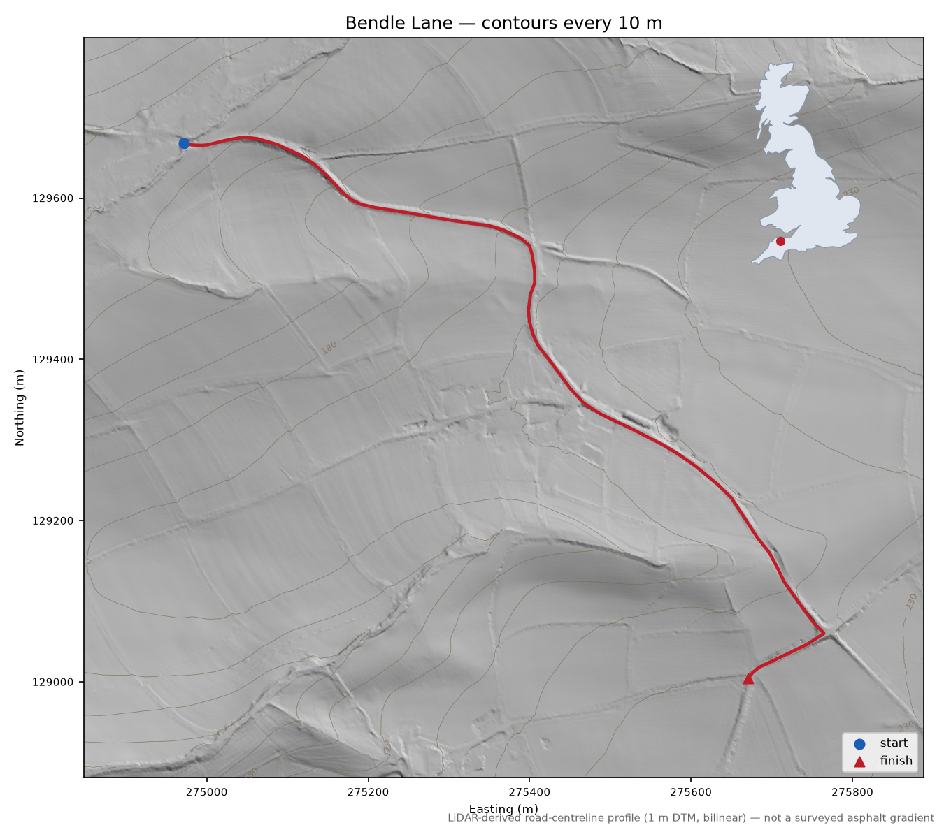 Bendle Lane LiDAR hillshade map with contours
