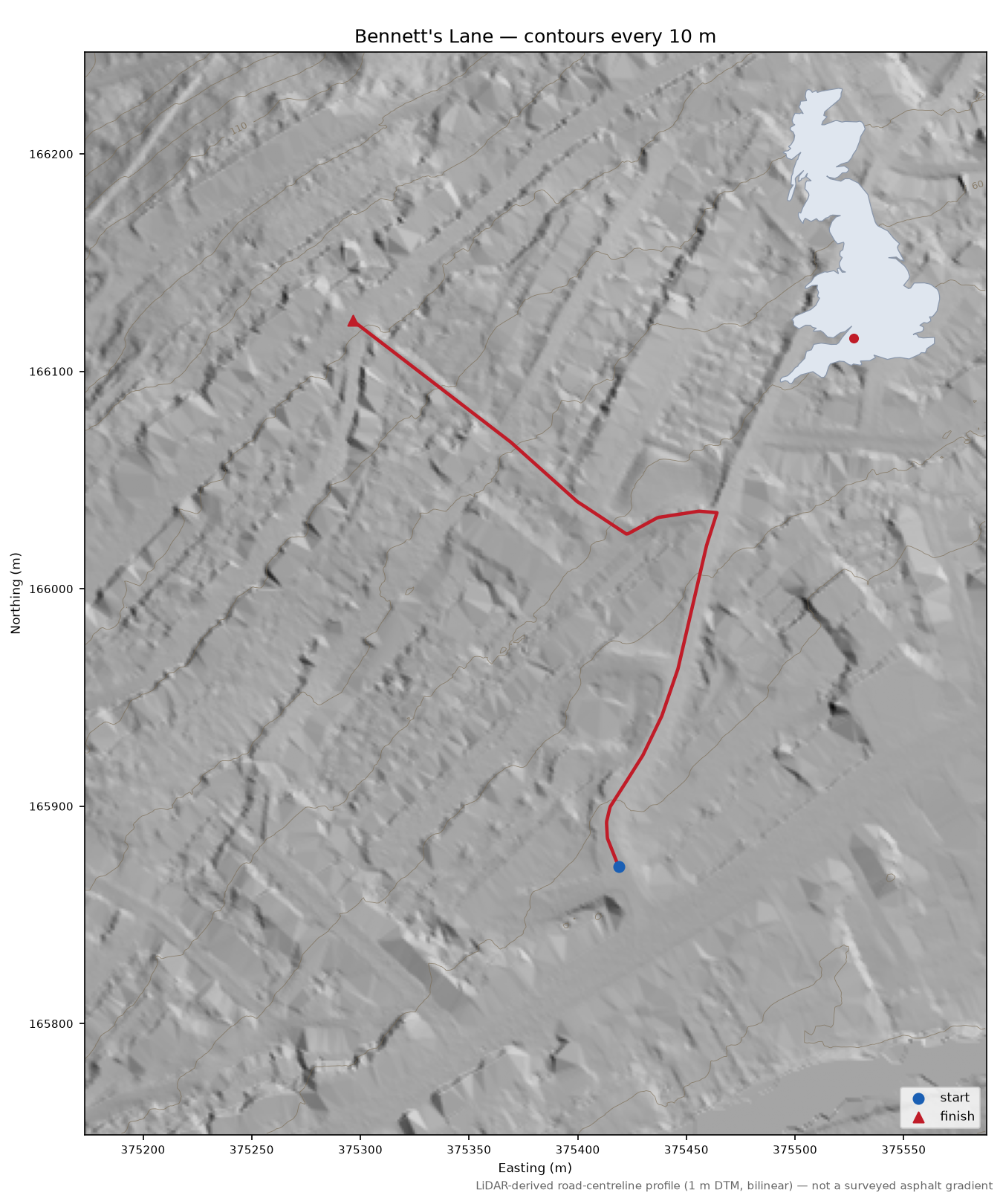Bennett's Lane LiDAR hillshade map with contours