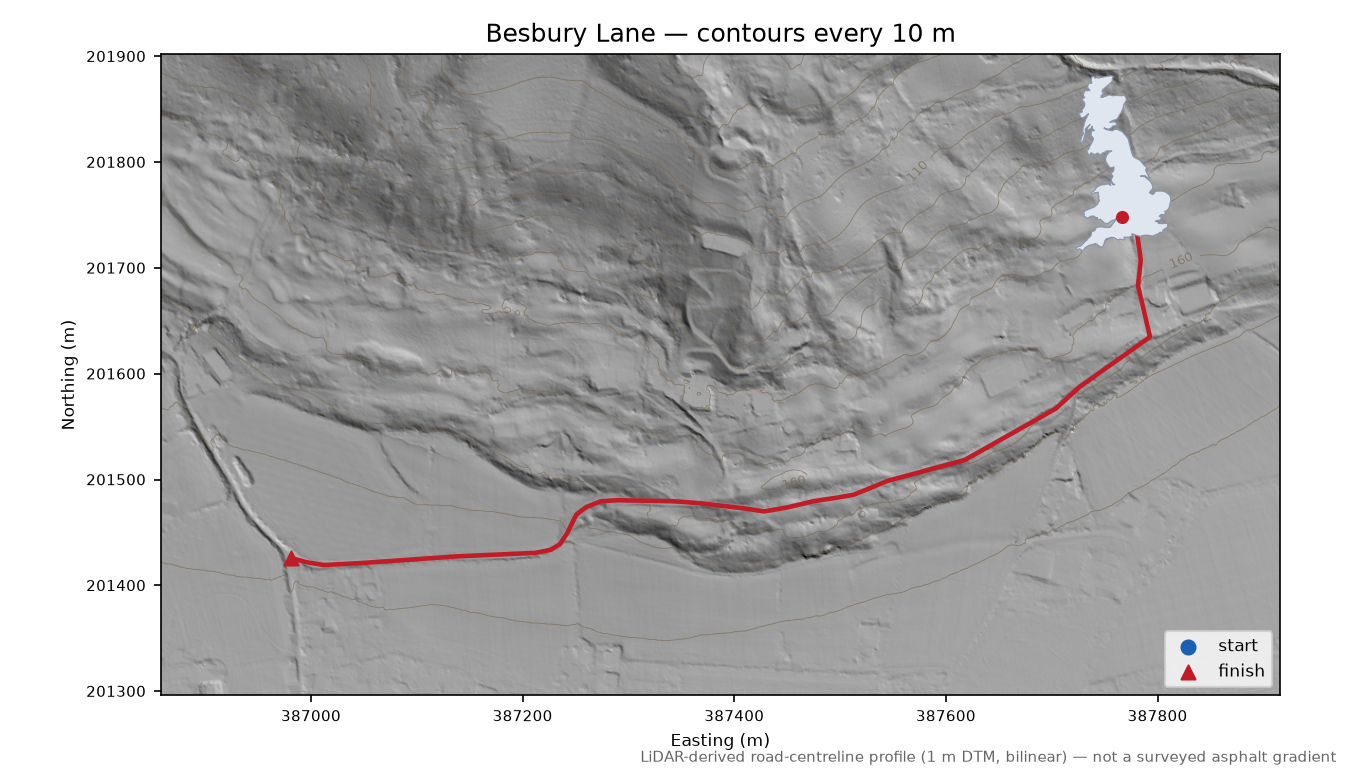 Besbury Lane LiDAR hillshade map with contours