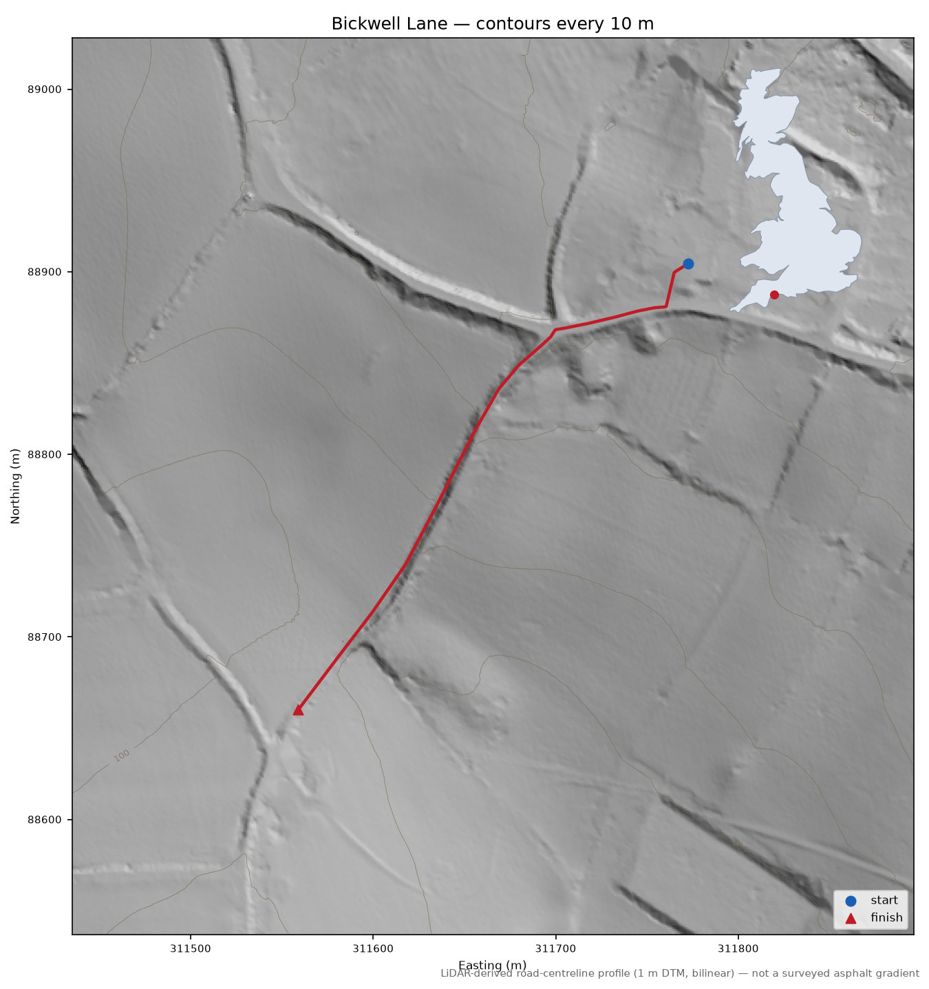 Bickwell Lane LiDAR hillshade map with contours