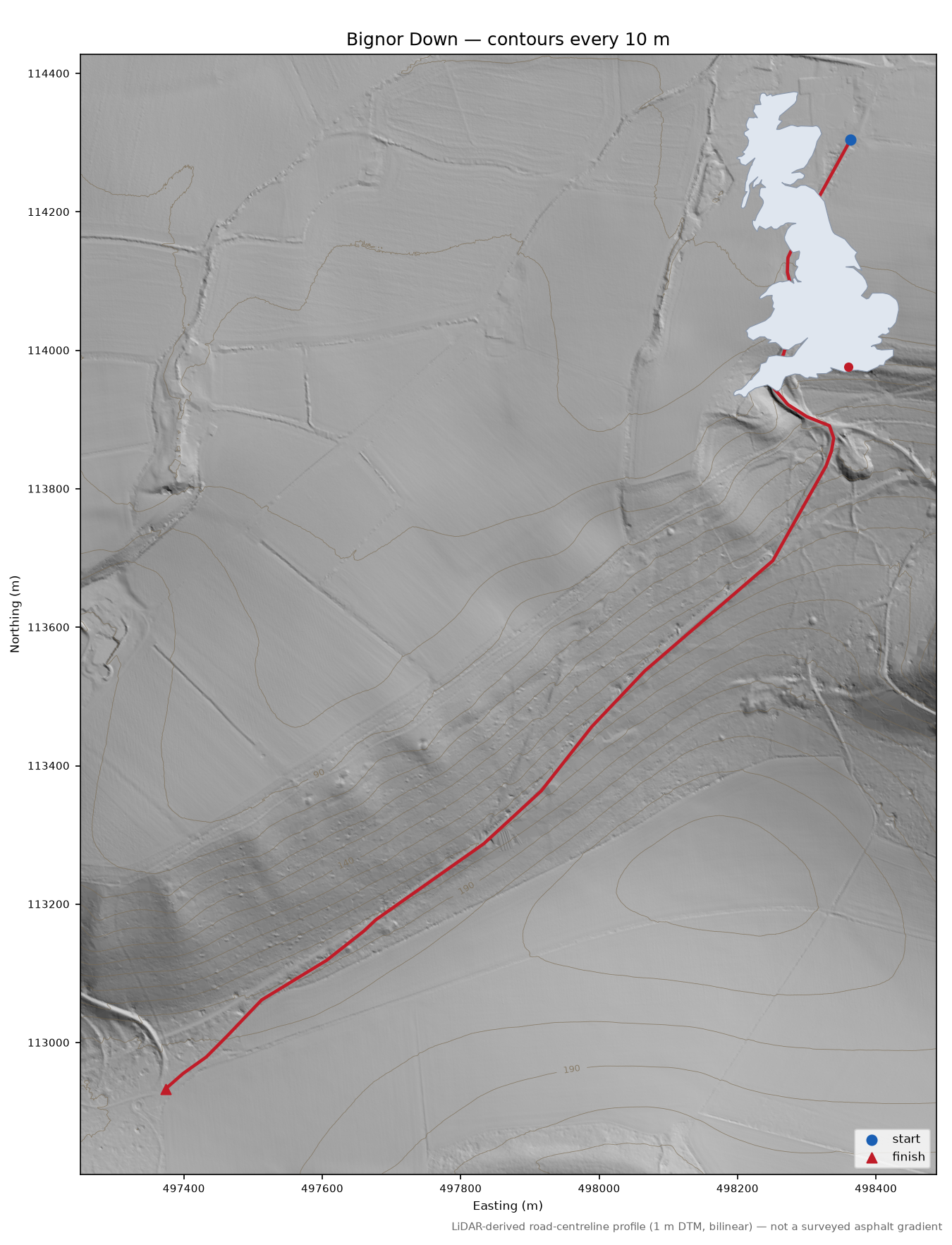 Bignor Down LiDAR hillshade map with contours