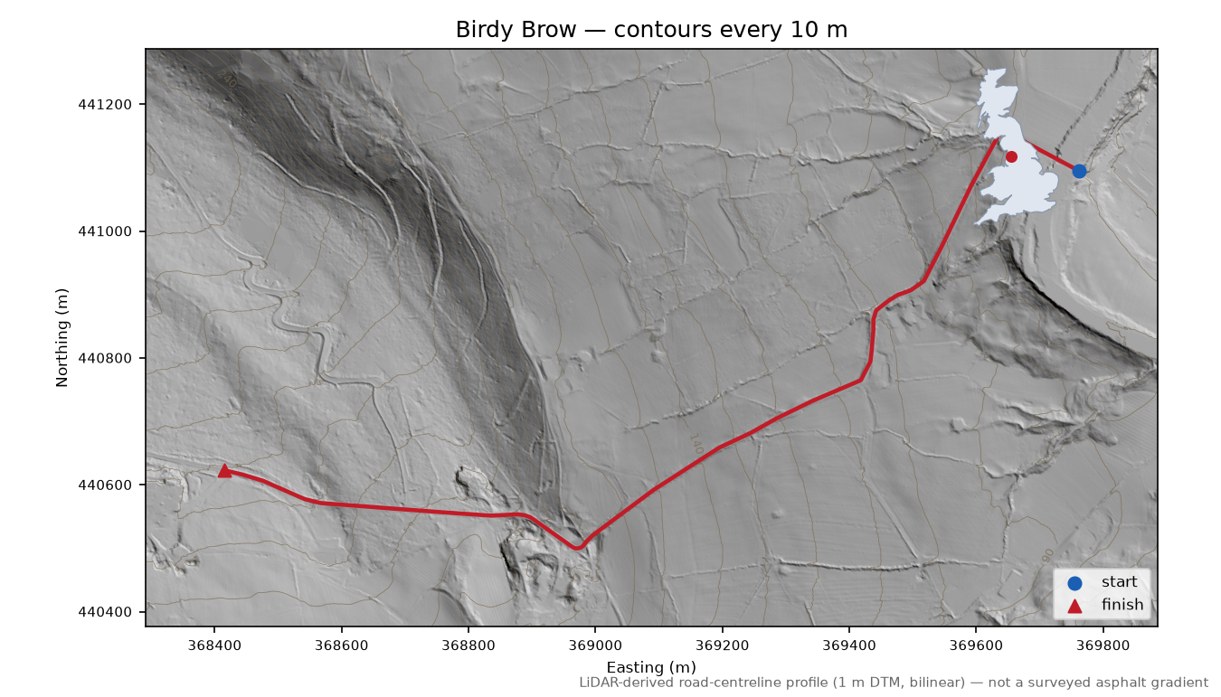 Birdy Brow LiDAR hillshade map with contours