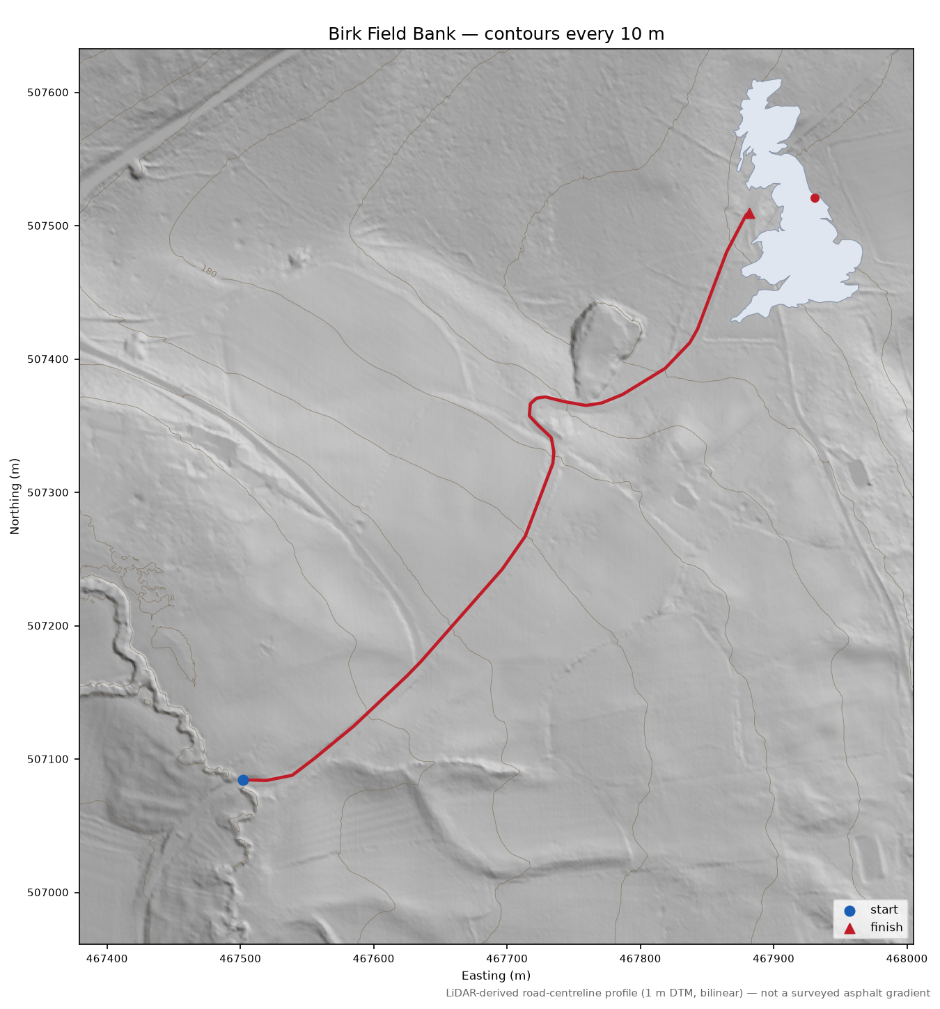 Birk Field Bank LiDAR hillshade map with contours