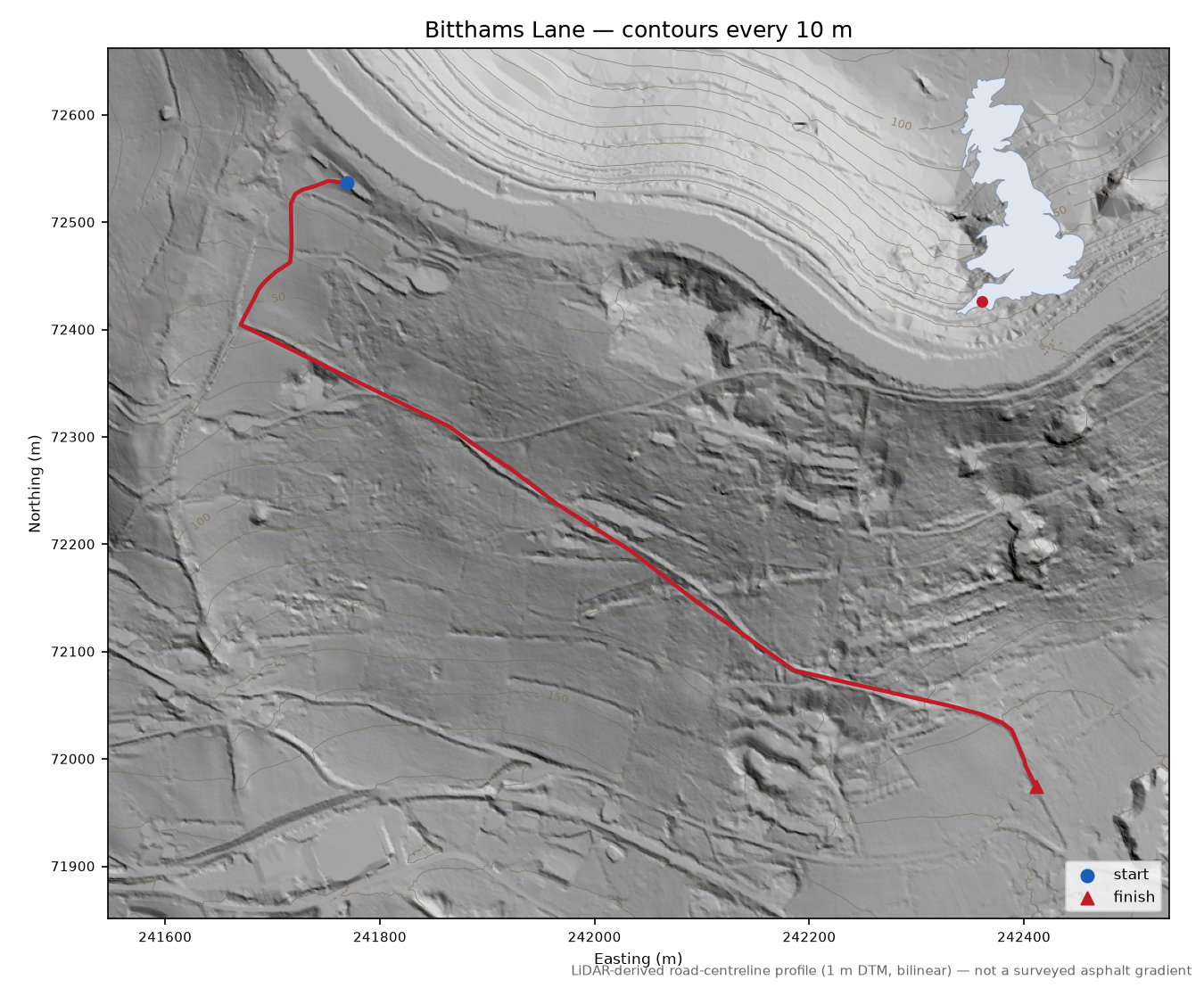 Bitthams Lane LiDAR hillshade map with contours