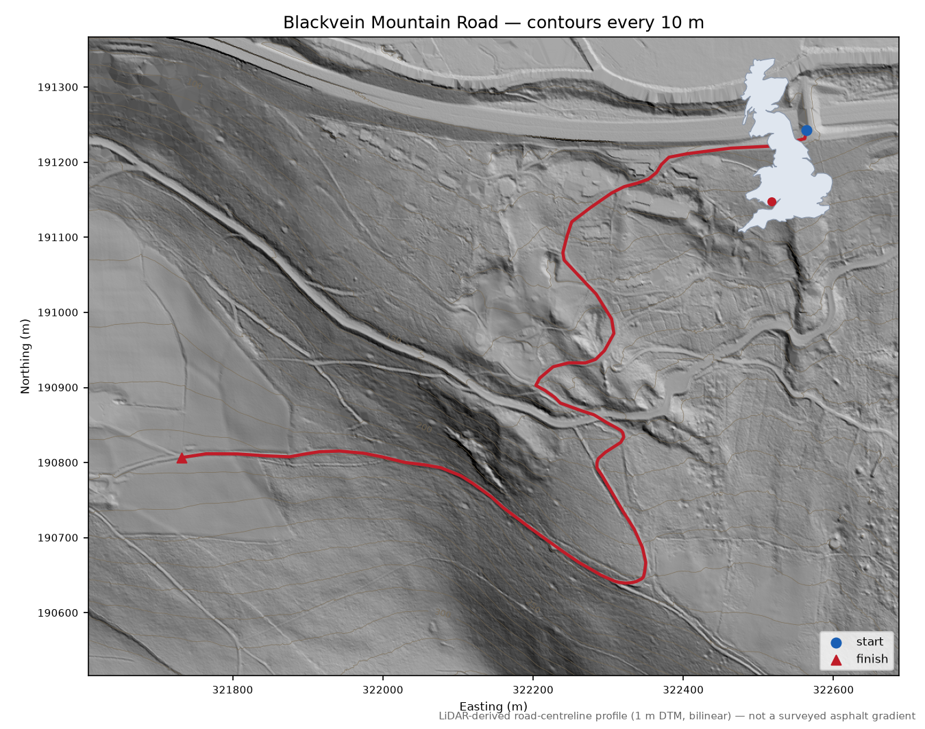 Blackvein Mountain Road LiDAR hillshade map with contours