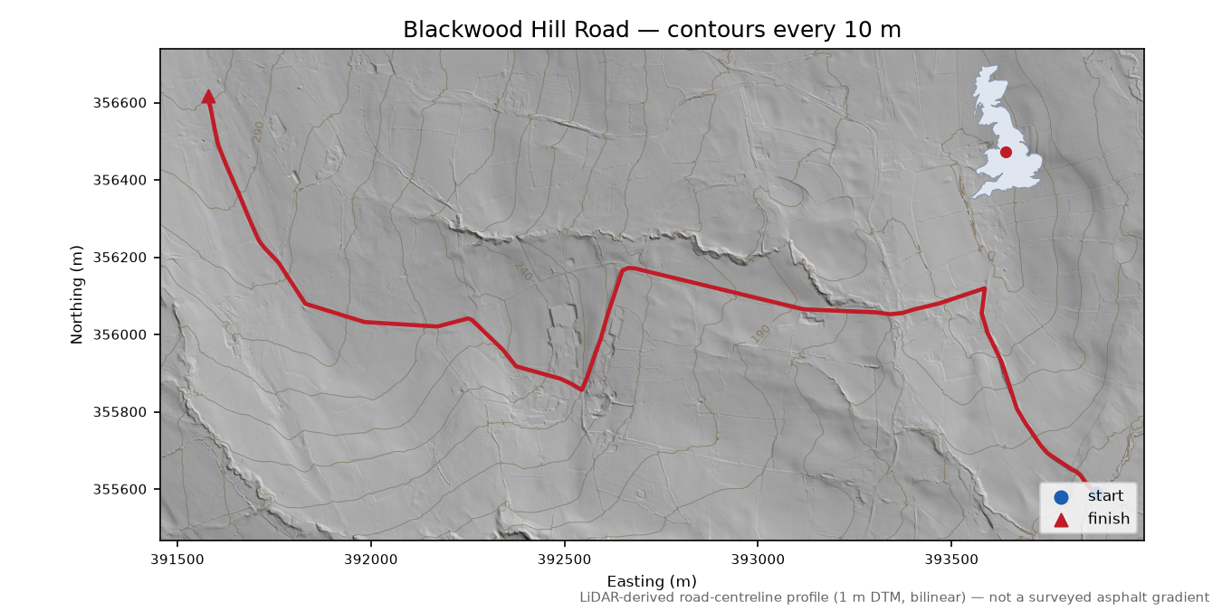 Blackwood Hill Road LiDAR hillshade map with contours