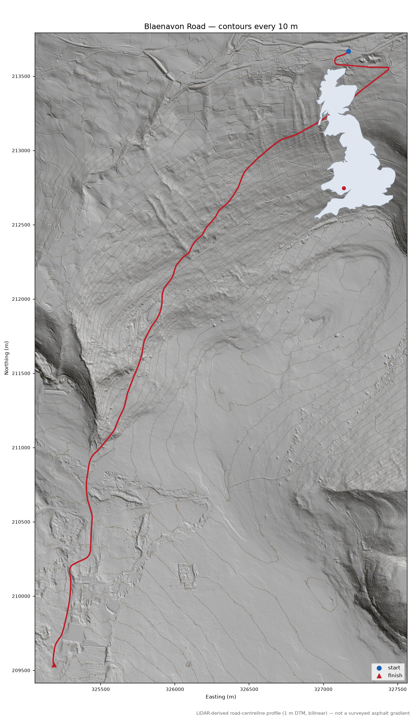 Blaenavon Road LiDAR hillshade map with contours