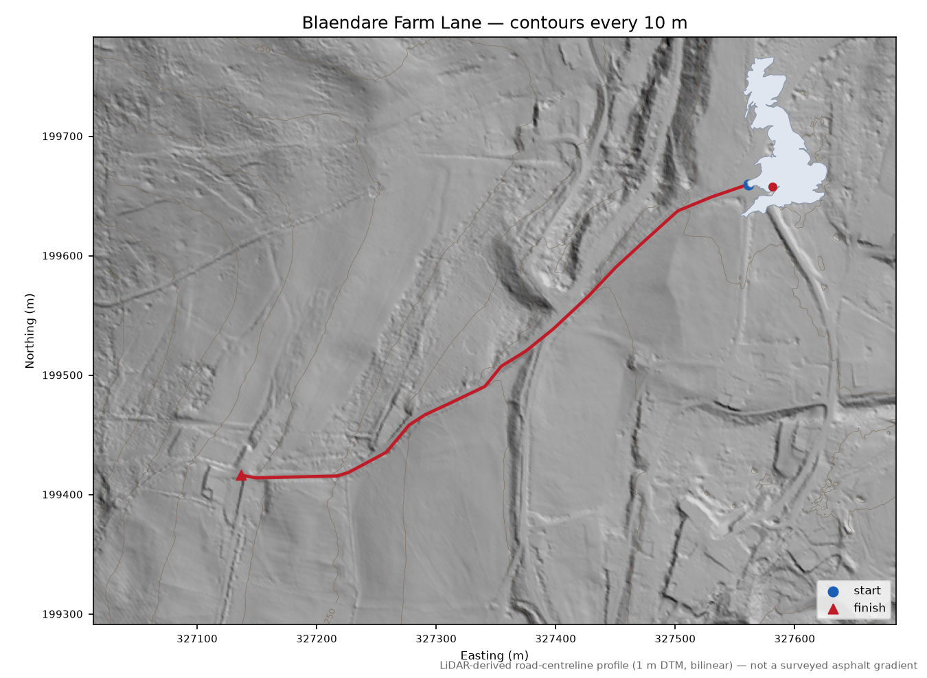 Blaendare Farm Lane LiDAR hillshade map with contours