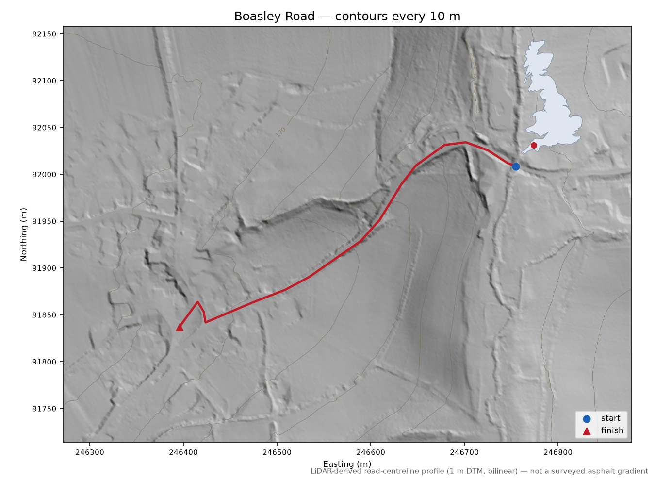 Boasley Road LiDAR hillshade map with contours