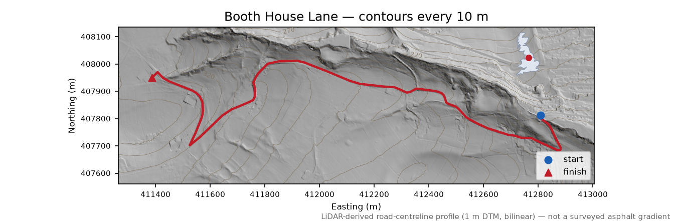 Booth House Lane LiDAR hillshade map with contours