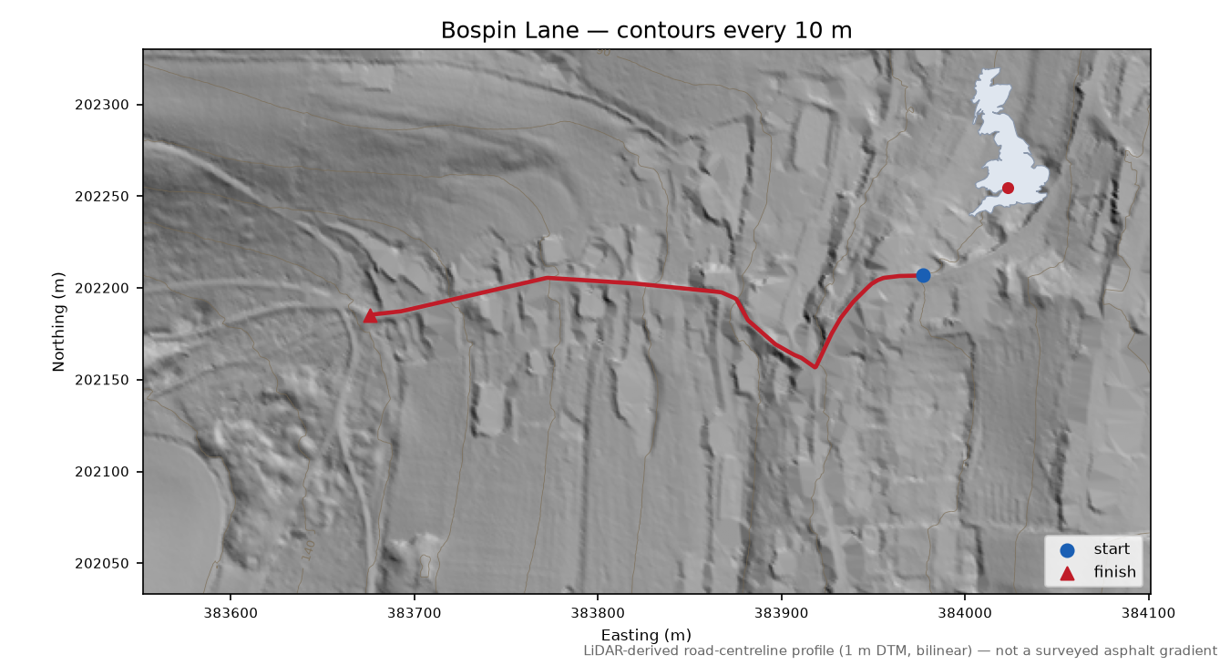 Bospin Lane LiDAR hillshade map with contours
