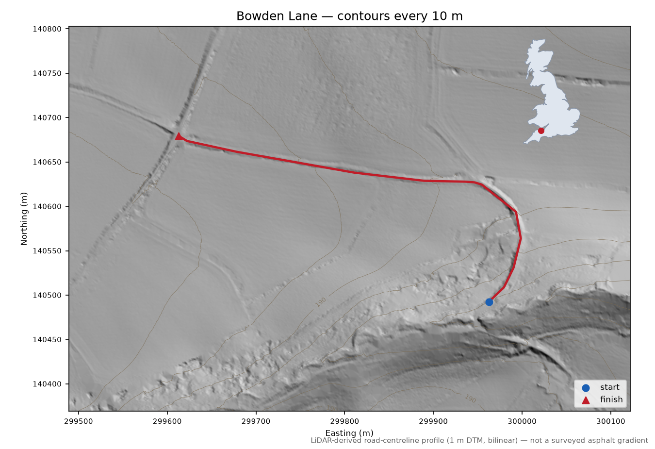 Bowden Lane LiDAR hillshade map with contours