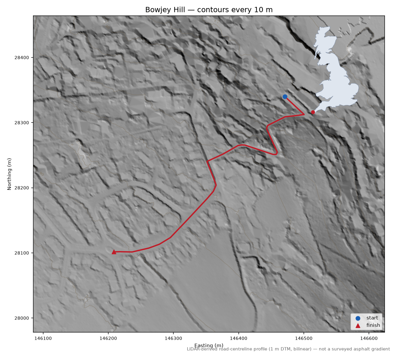 Bowjey Hill LiDAR hillshade map with contours