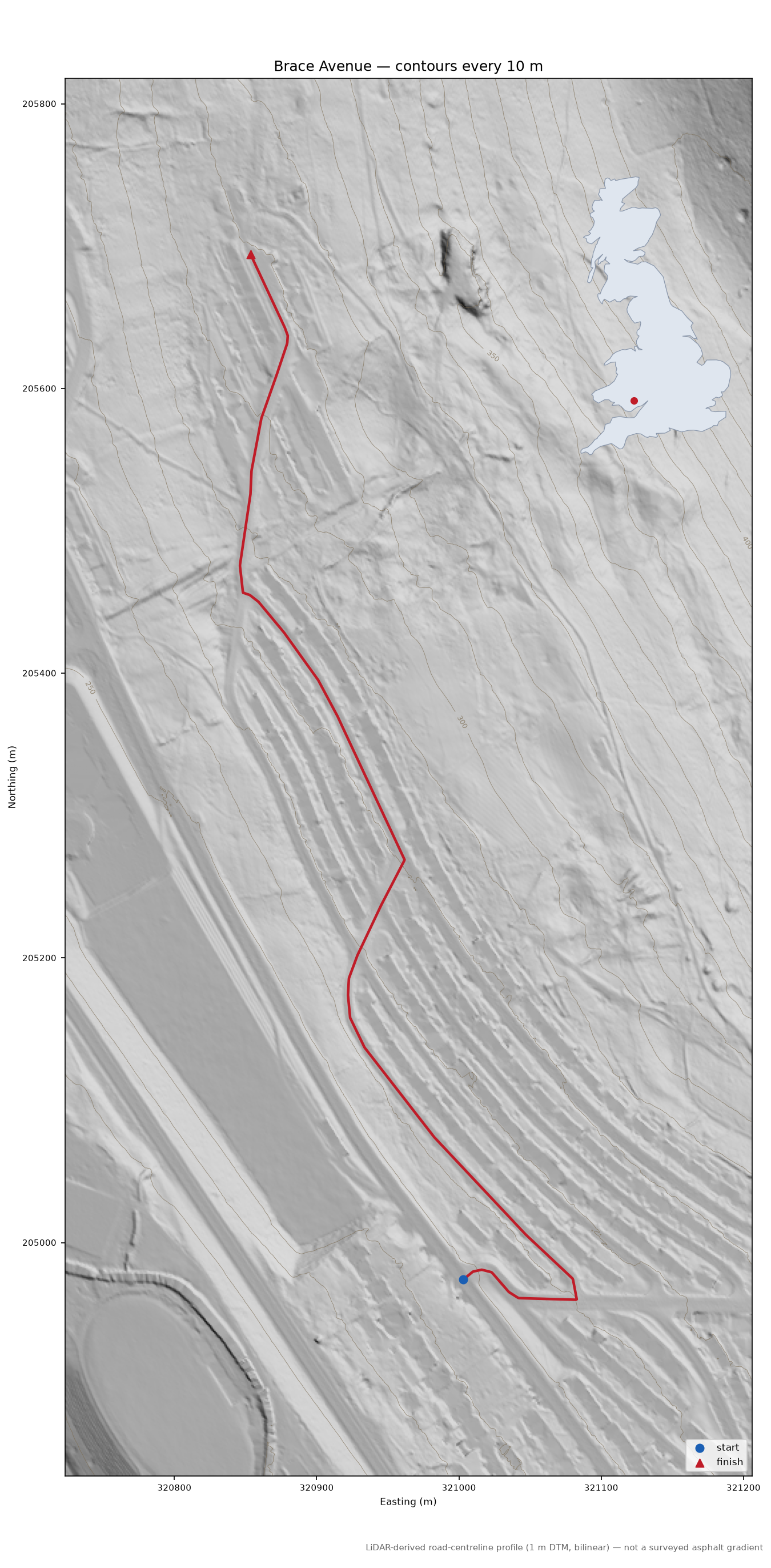 Brace Avenue LiDAR hillshade map with contours