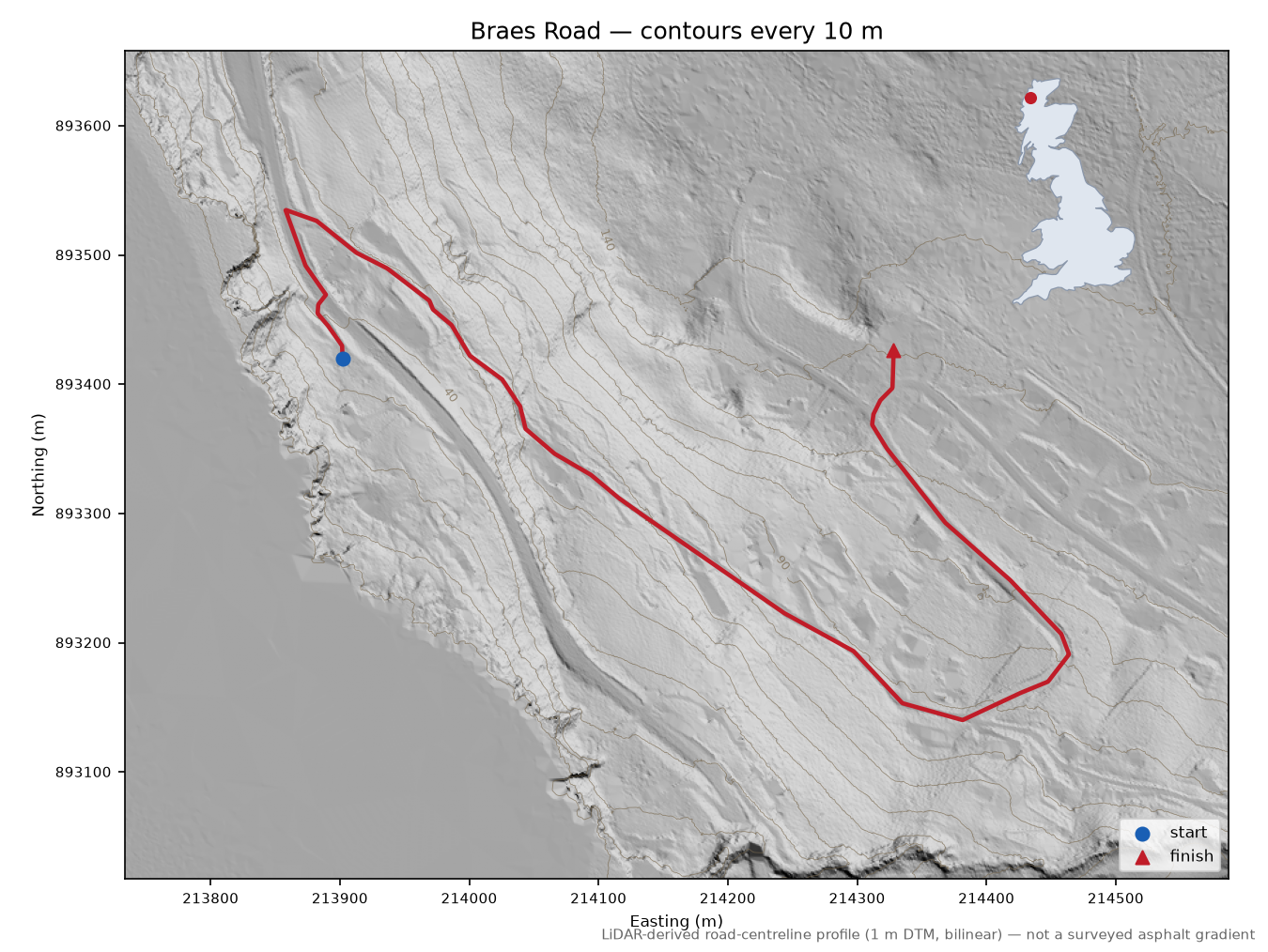 Braes Road LiDAR hillshade map with contours