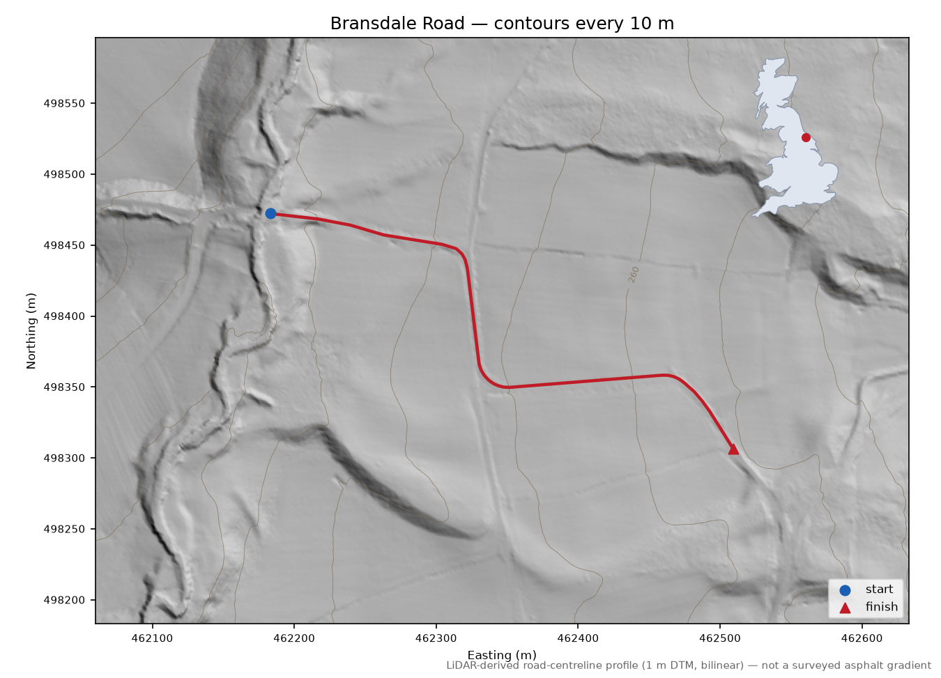 Bransdale Road LiDAR hillshade map with contours