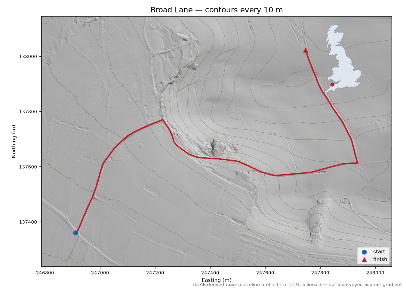 Broad Lane LiDAR hillshade map with contours