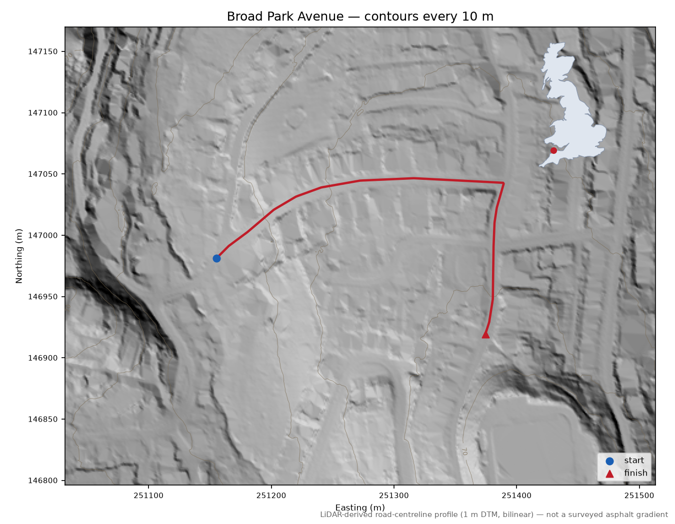 Broad Park Avenue LiDAR hillshade map with contours