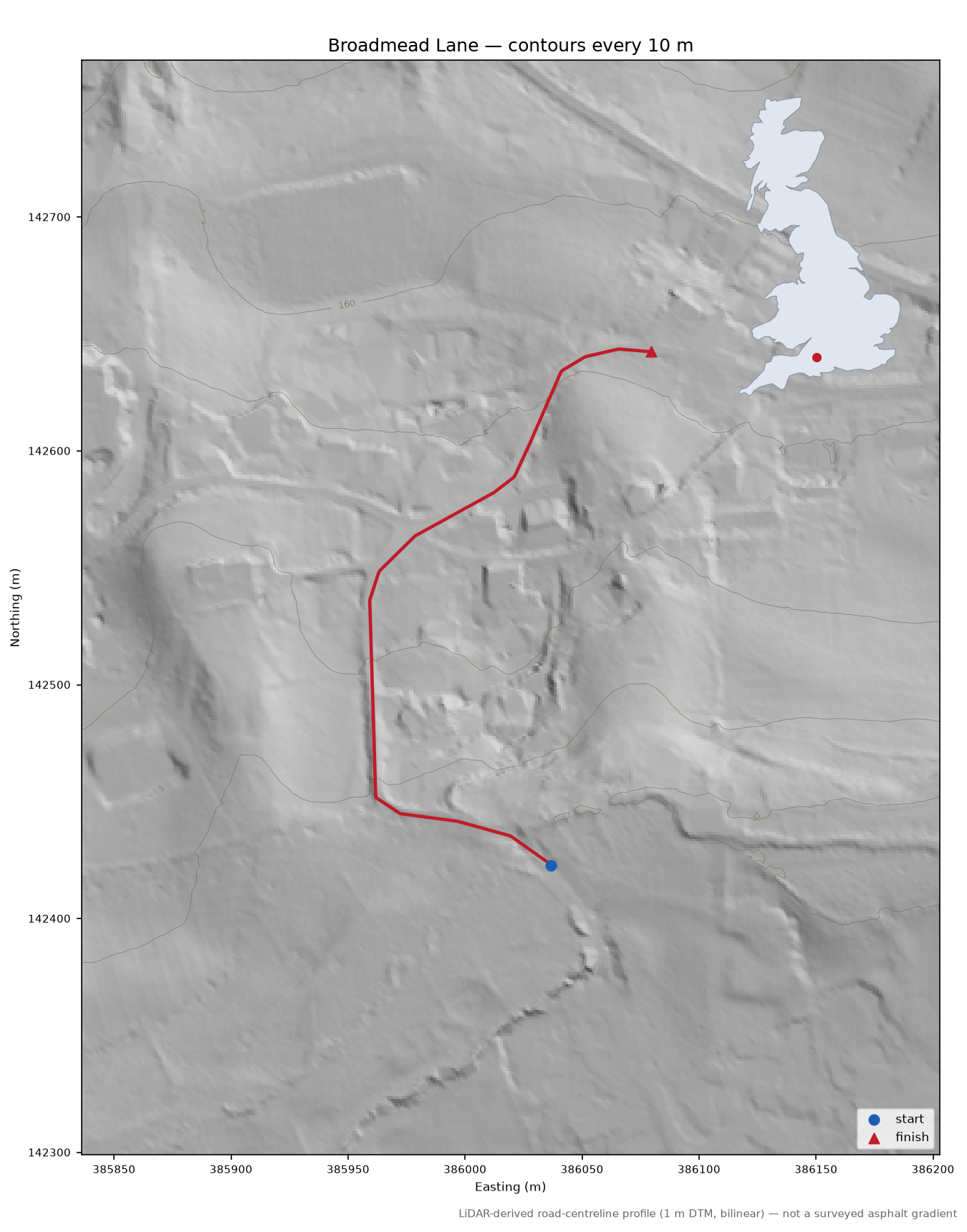 Broadmead Lane LiDAR hillshade map with contours
